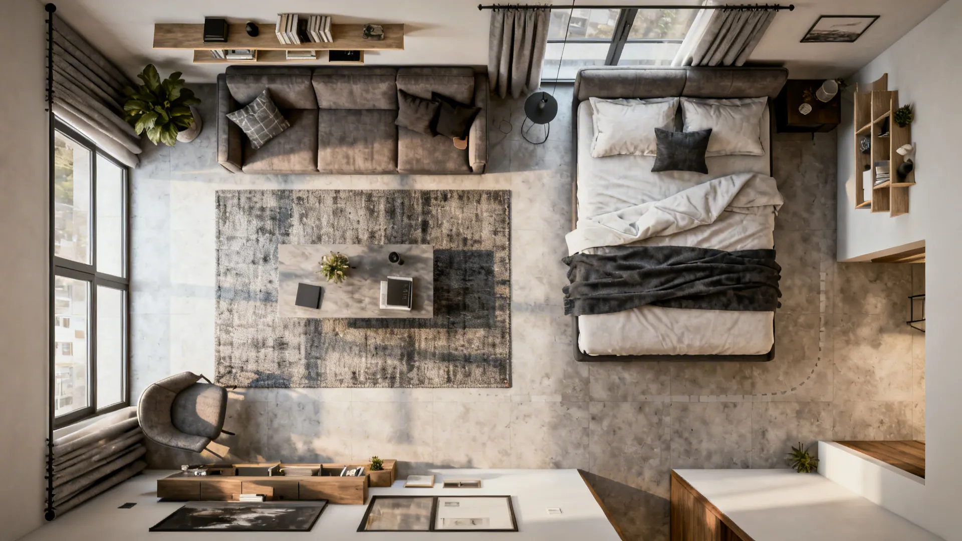 Top-down mockup of a 300 sq ft living room layout showing furniture footprints and circulation.