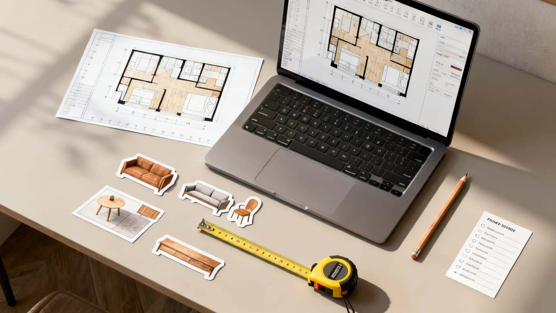 Top-down view of a digital layout mockup with laptop, scale cutouts and tape measure.