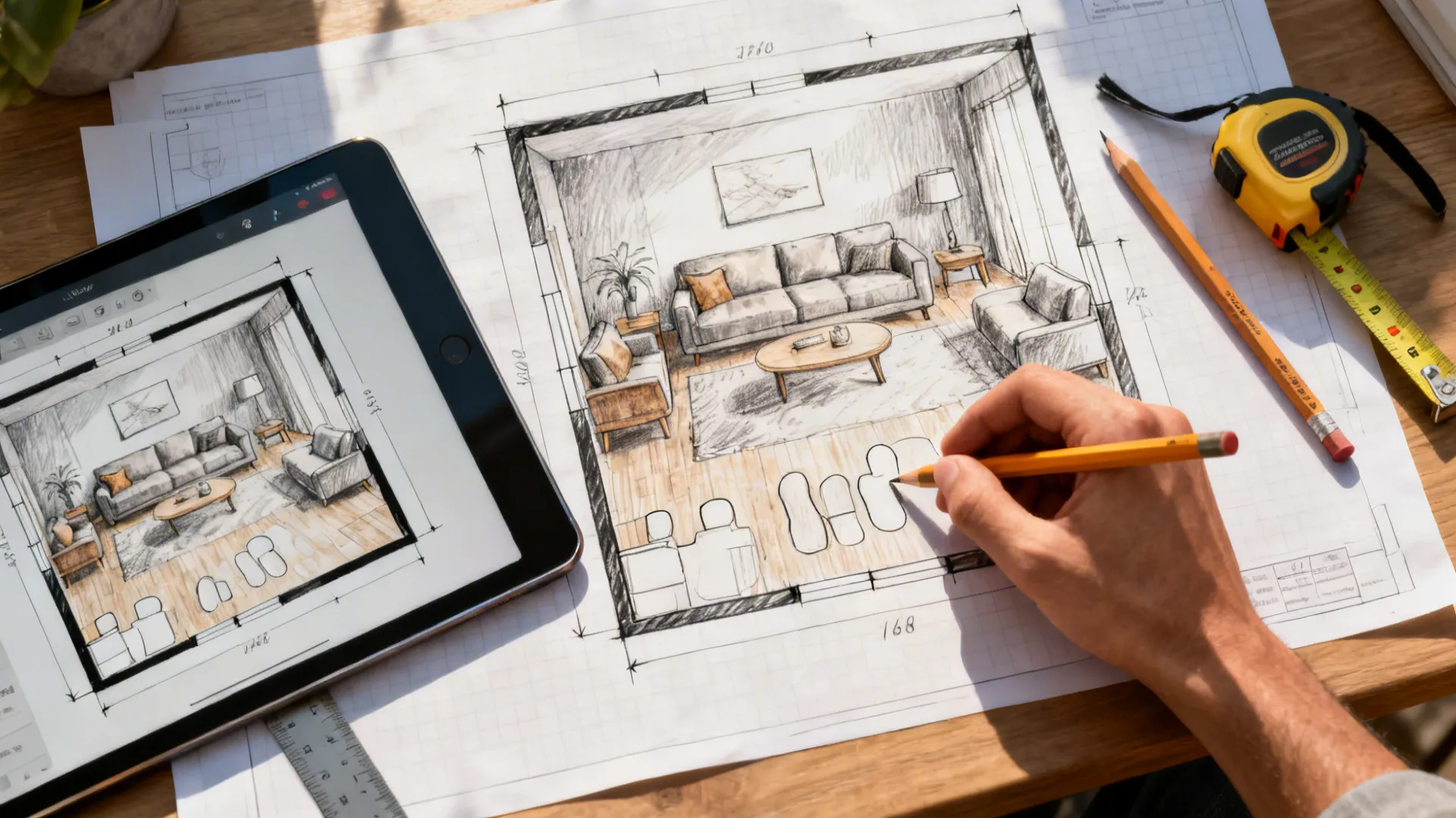 Top-down mockup of a small living room layout with measurements and a digital planner
