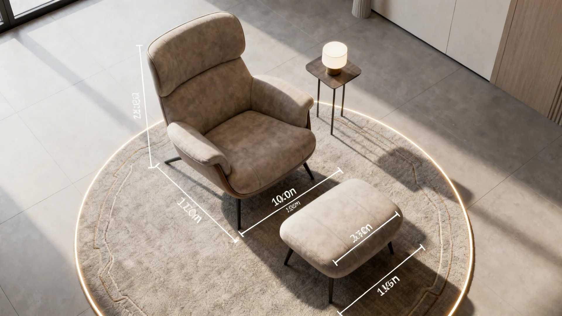 Top-down scaled floor plan mockup showing oversized chair, ottoman, rug and circulation space for layout testing.