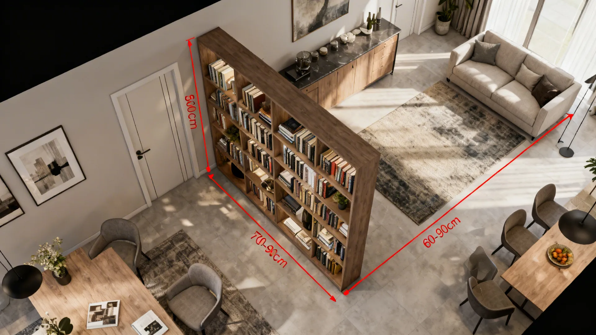 Top view interior design drawing of open room layout showing bookshelf sofa and dining table dimensions