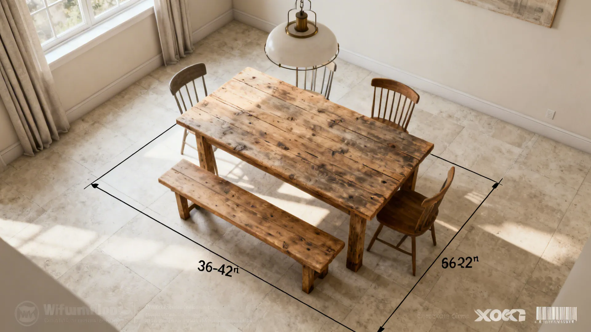 Top-down mockup of a small dining room showing table clearance and fixture placement