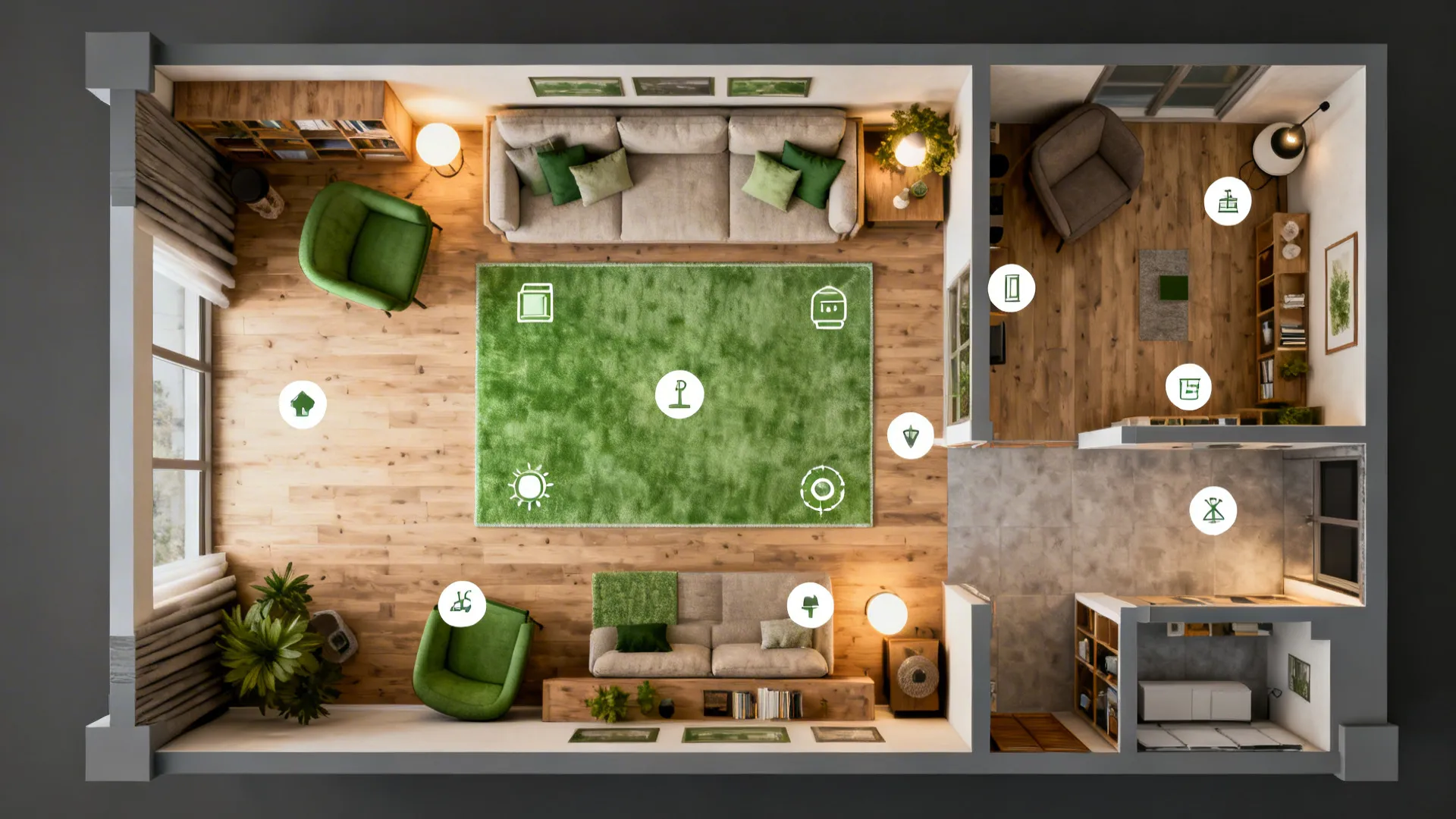 Top view interior design drawing of a modern living room showing furniture layout and icons