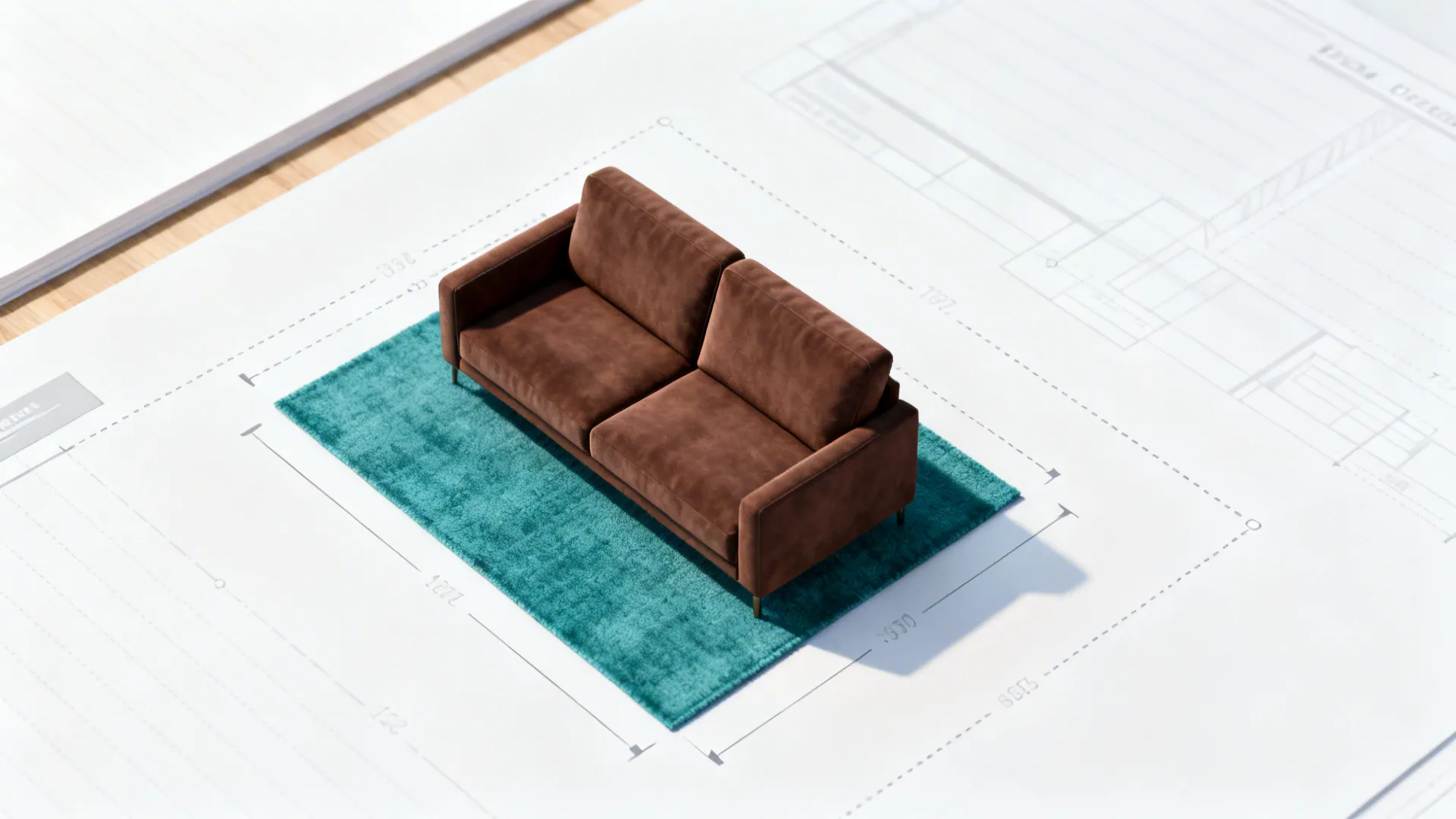 Brown sofa on teal rug placed over white paper interior design drawing with floor plan