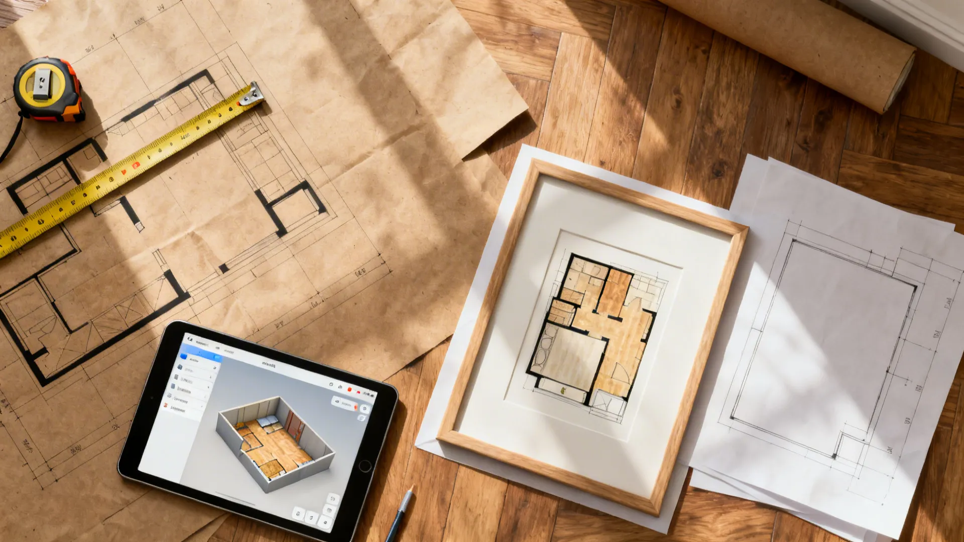 Tablet displaying 3D interior design beside paper floor plans with measuring tape on wooden floor