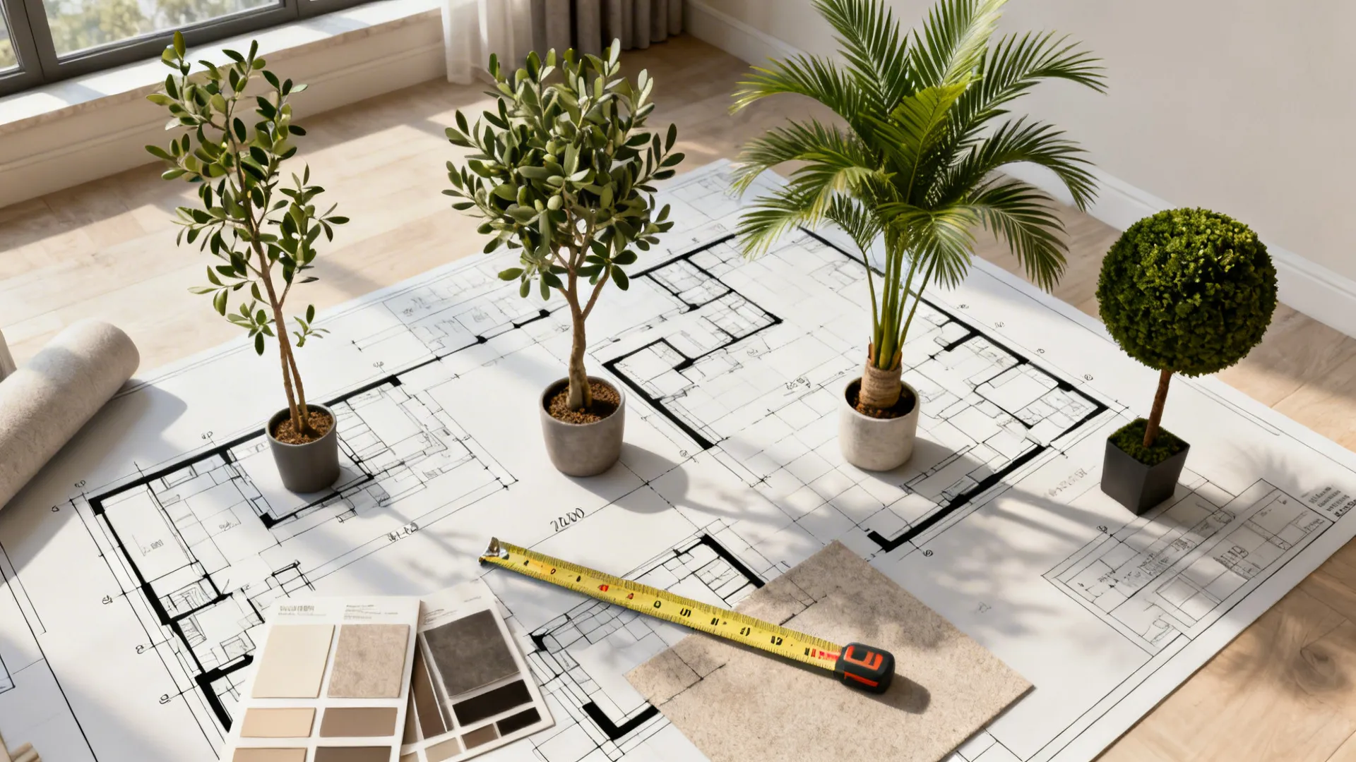 Interior design drawing on wood floor with four small potted plants, measuring tape, color swatches
