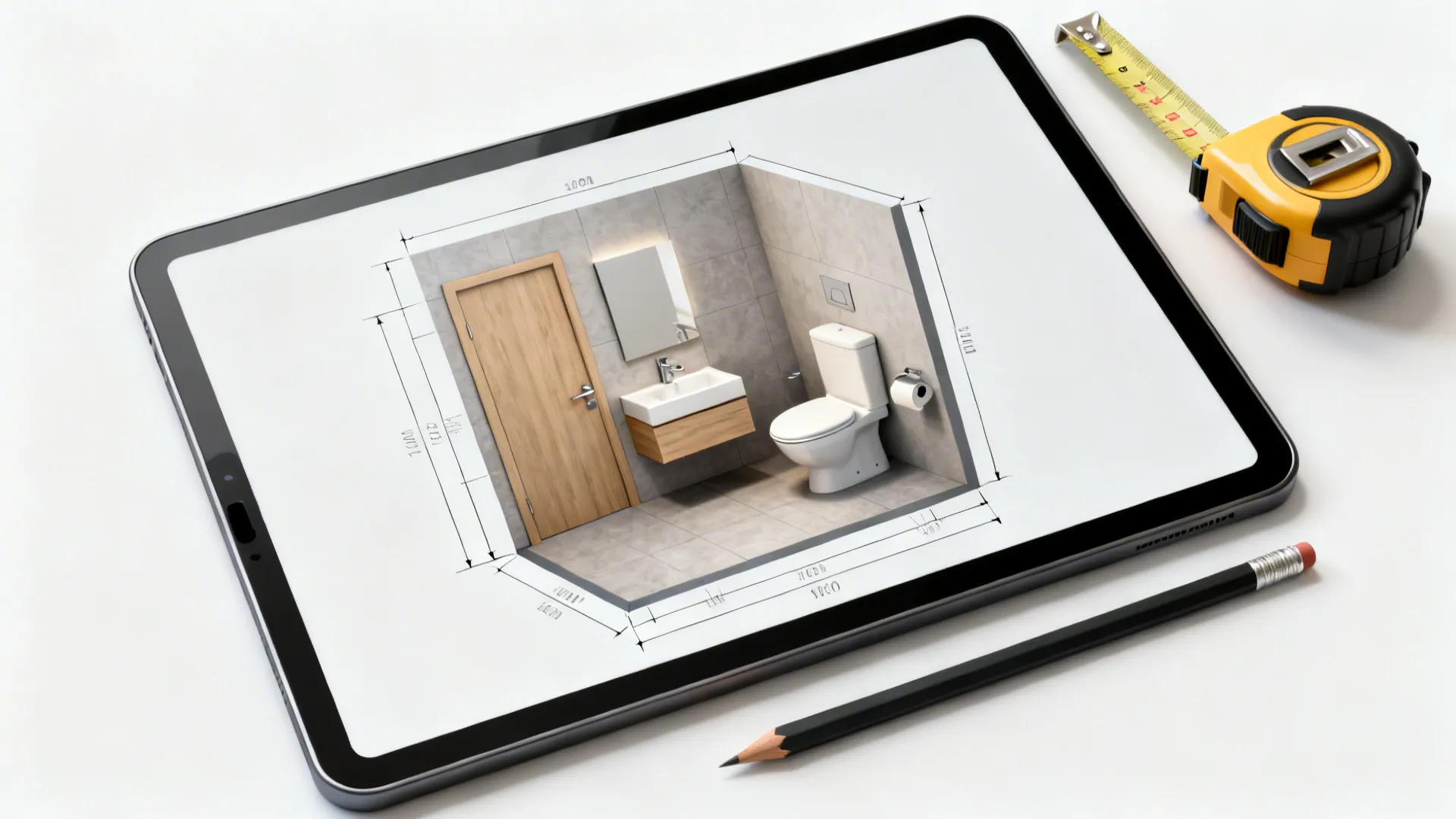 Top-down mockup of a tiny toilet room layout on a tablet with measurements