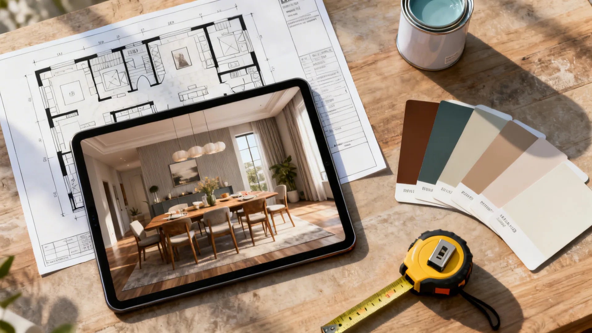 Tablet displaying interior design drawing beside floor plan with tape measure and colorful paint swatches