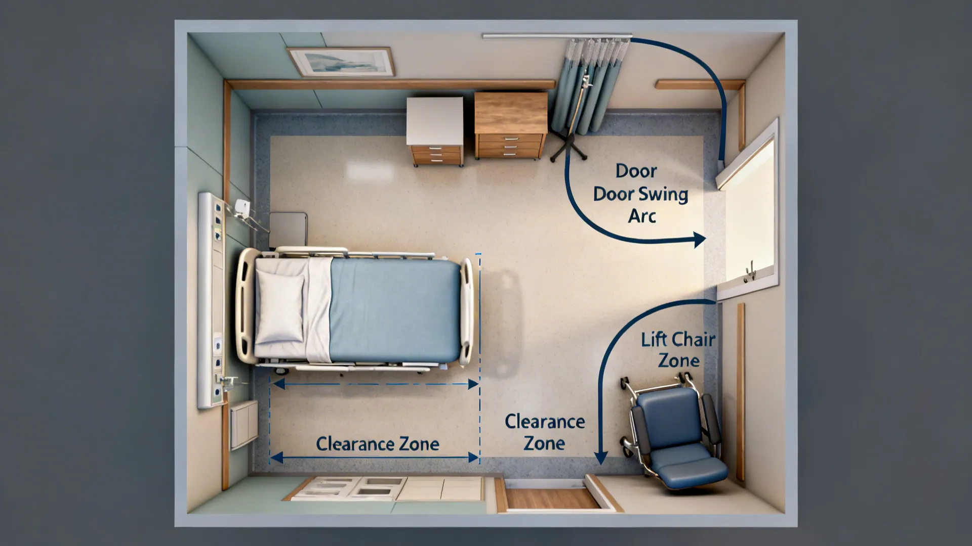 Top-down layout mock-up showing furniture placement and clearances in a nursing room.