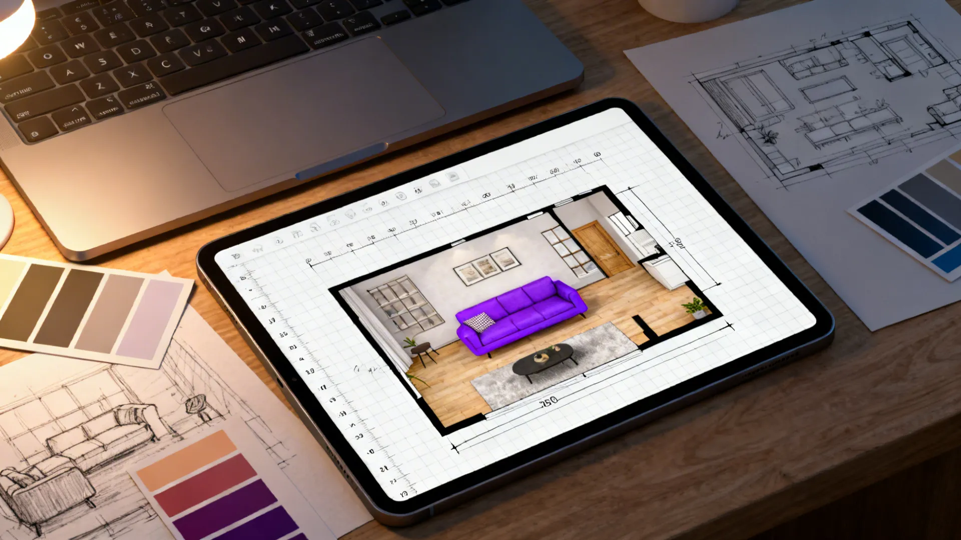 Top-down digital room planner showing a small living room layout with a purple sofa highlighted.