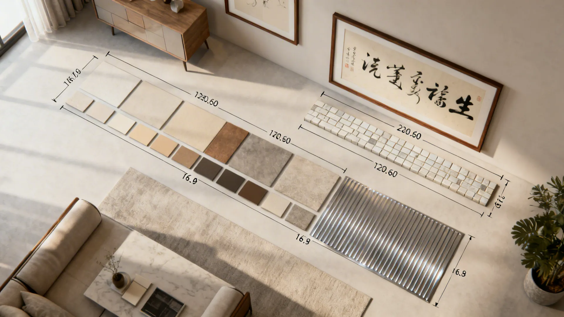 Top-down mockup layout showing scaled furniture and wall art placement guides for visualization.