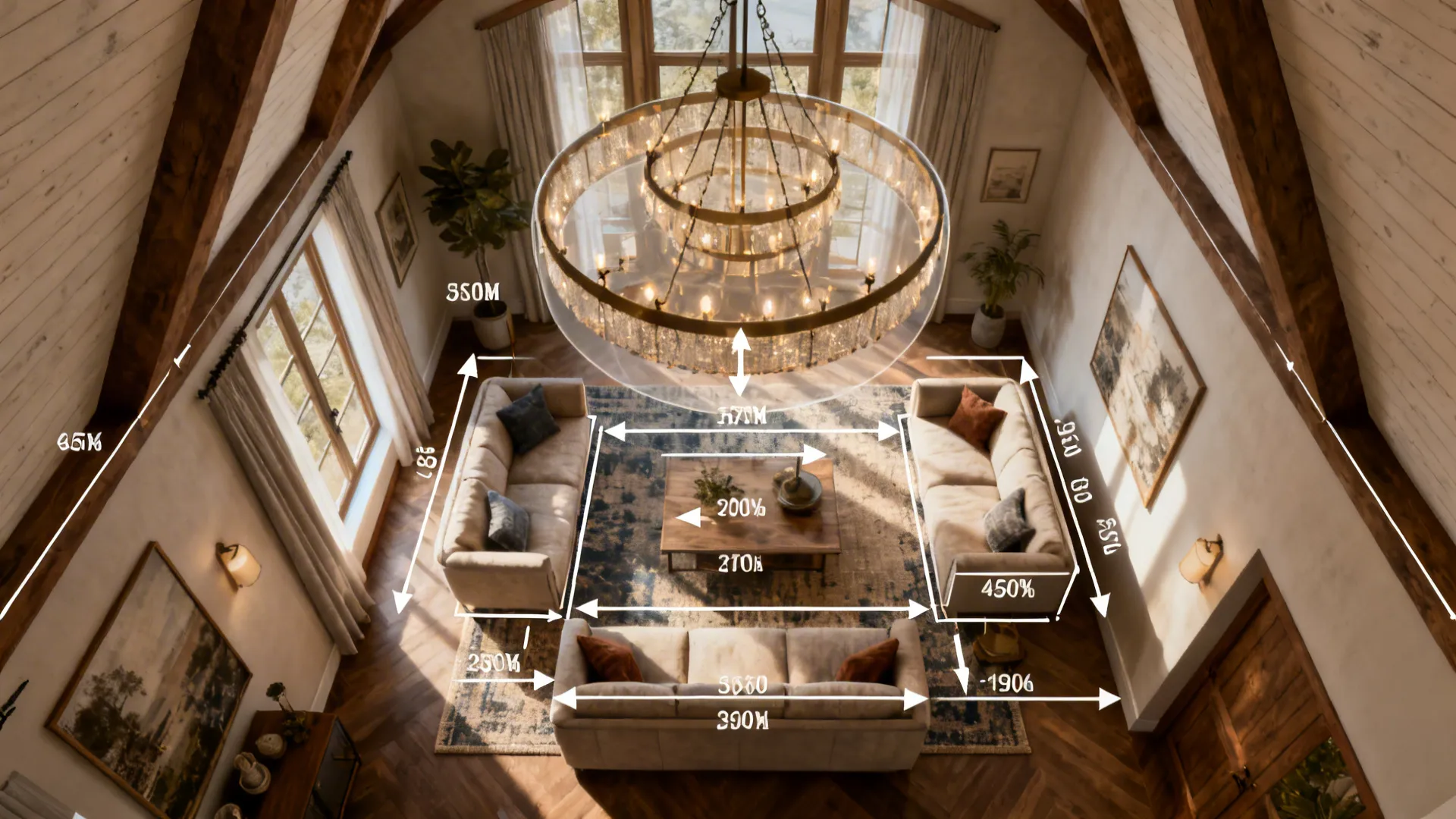 Living room layout design with measurements showing three sofas coffee table and a ceiling light