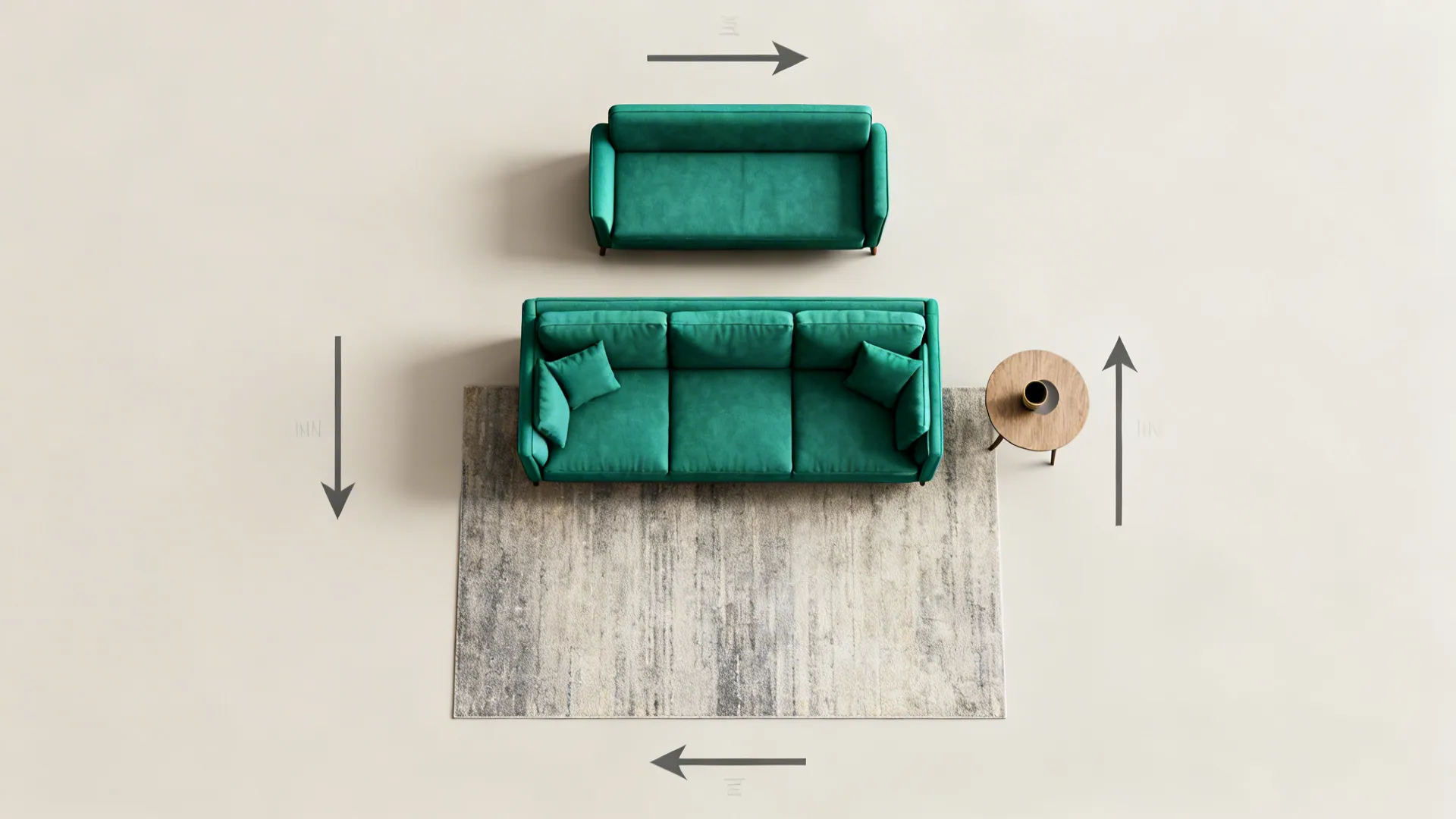Top-down furniture layout mockup focused on an emerald sofa and sightlines.