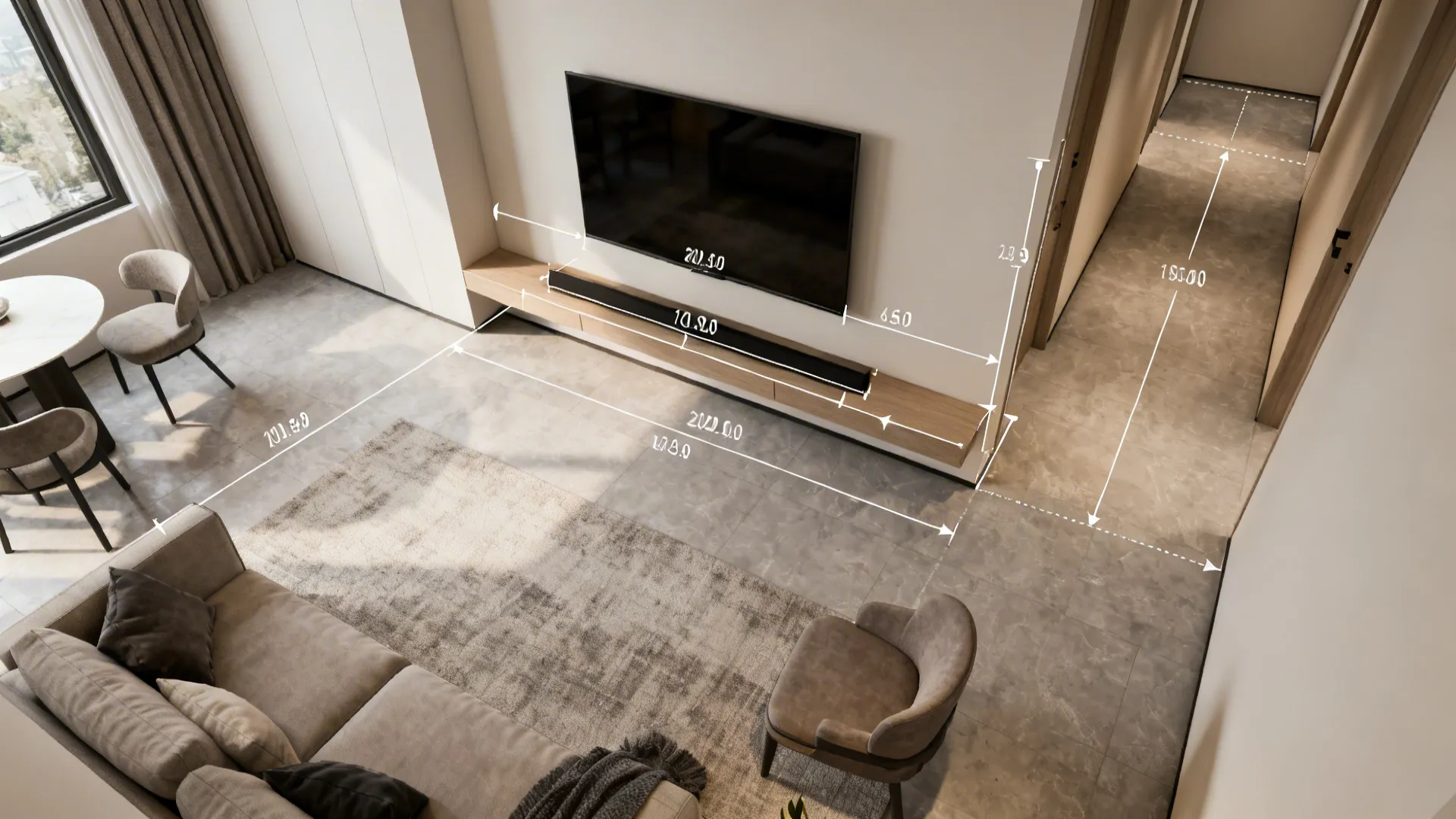 Top-down mockup of a micro-apartment living room with TV sightlines and seating distances.