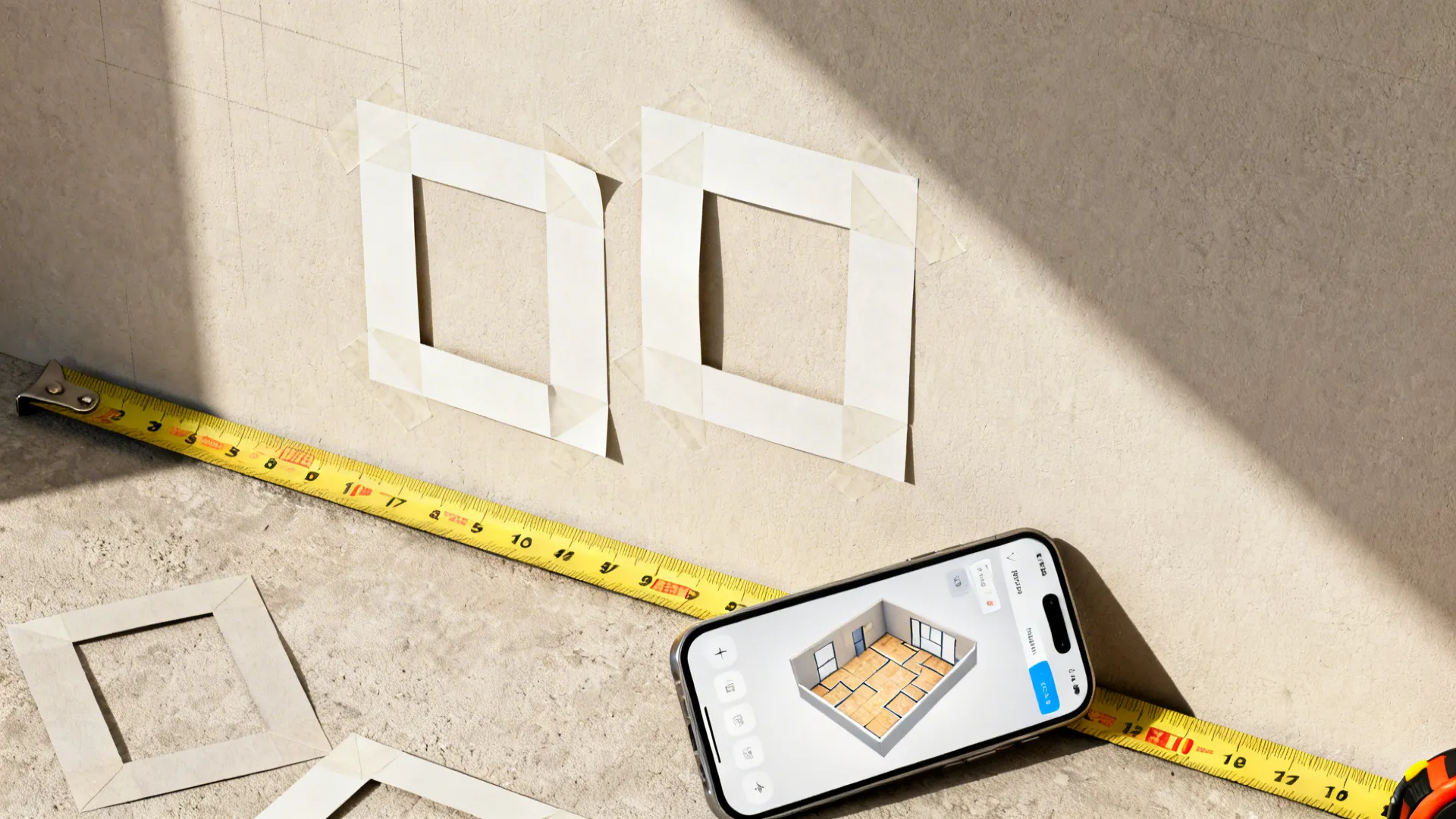 Mockup of wall templates and a 3D planner on a phone used to plan tall wall decor layouts.