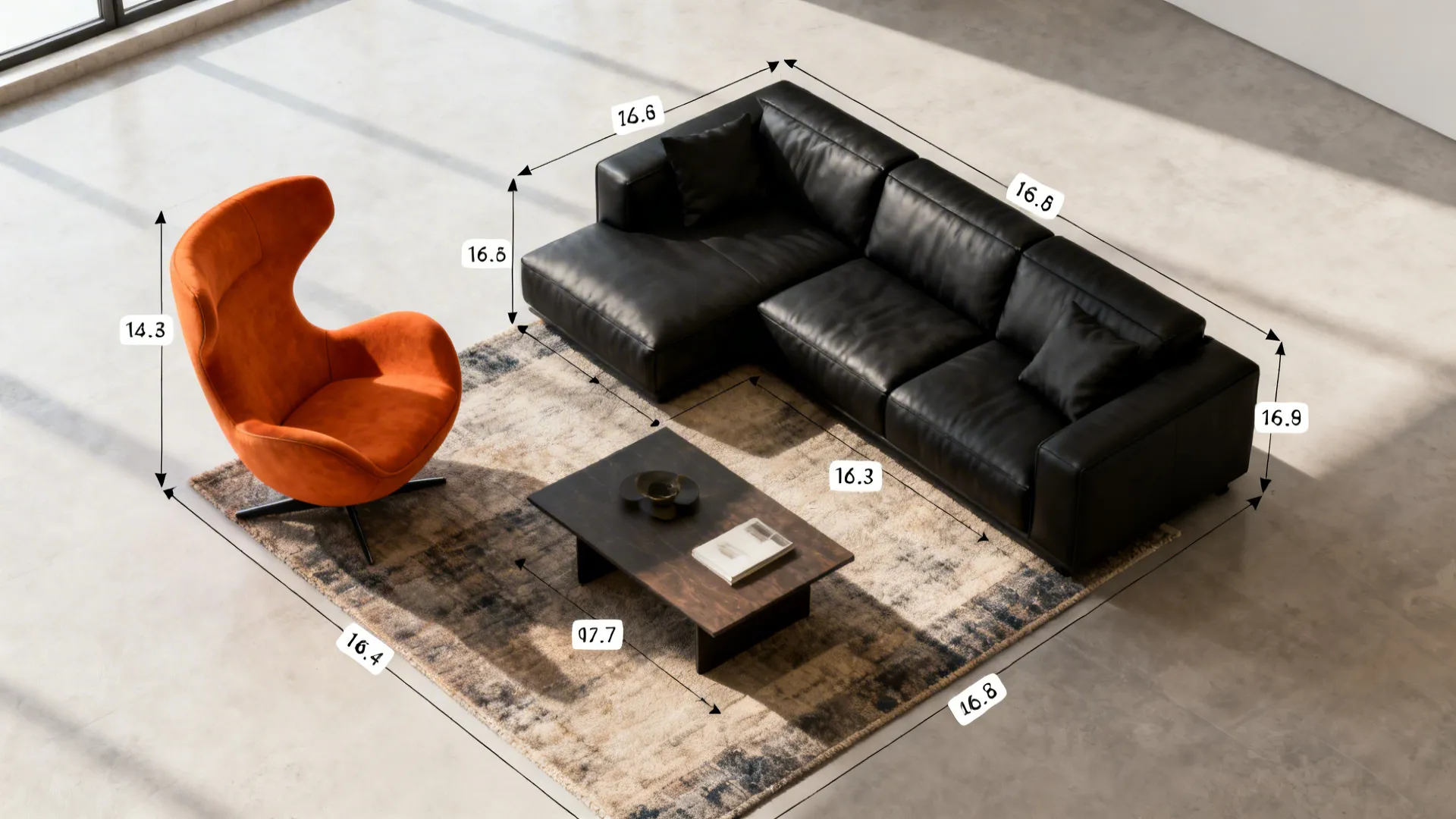 Top-down mockup of a small living room with a black sectional and a single orange statement chair showing layout flow.