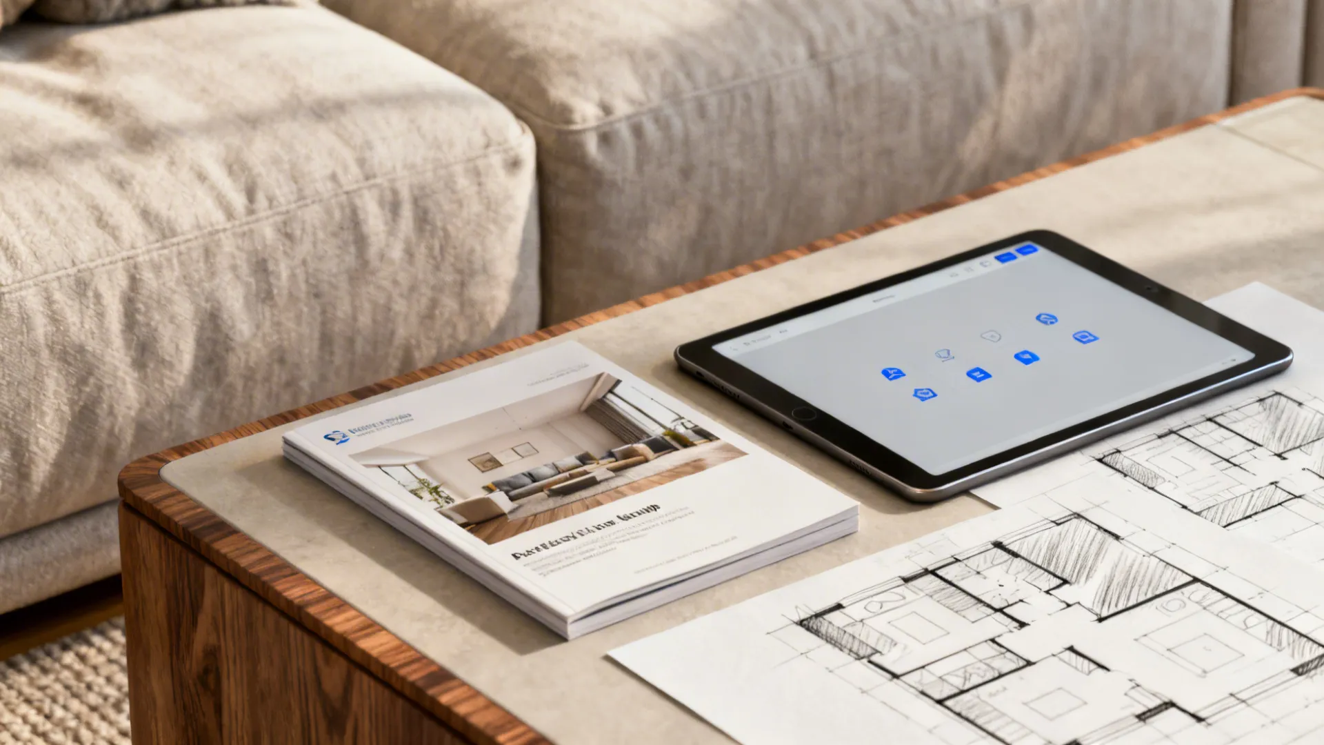 Portfolio mockups and a tablet with a room planner sitting on a coffee table beside a sectional.