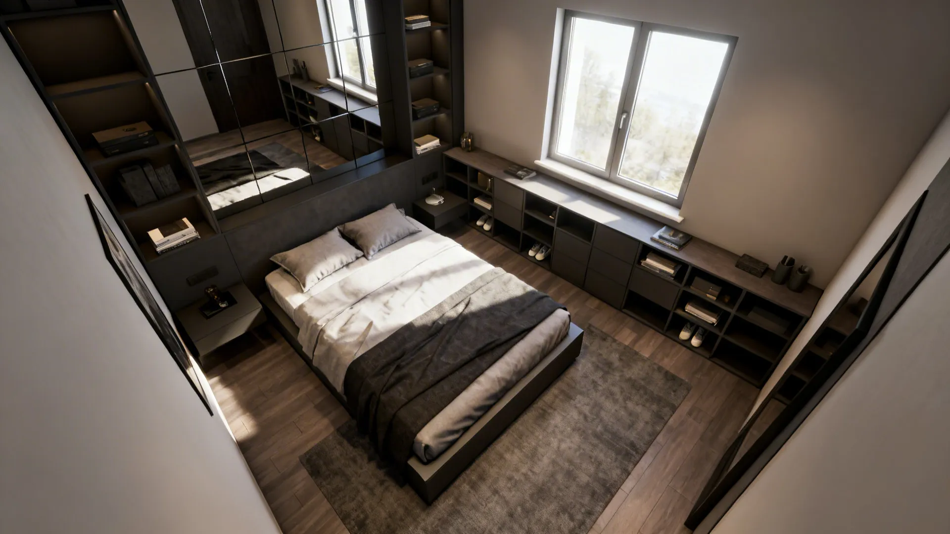 Modern bedroom with black shelving unit mirror wall grey bed and dark wooden floor boards