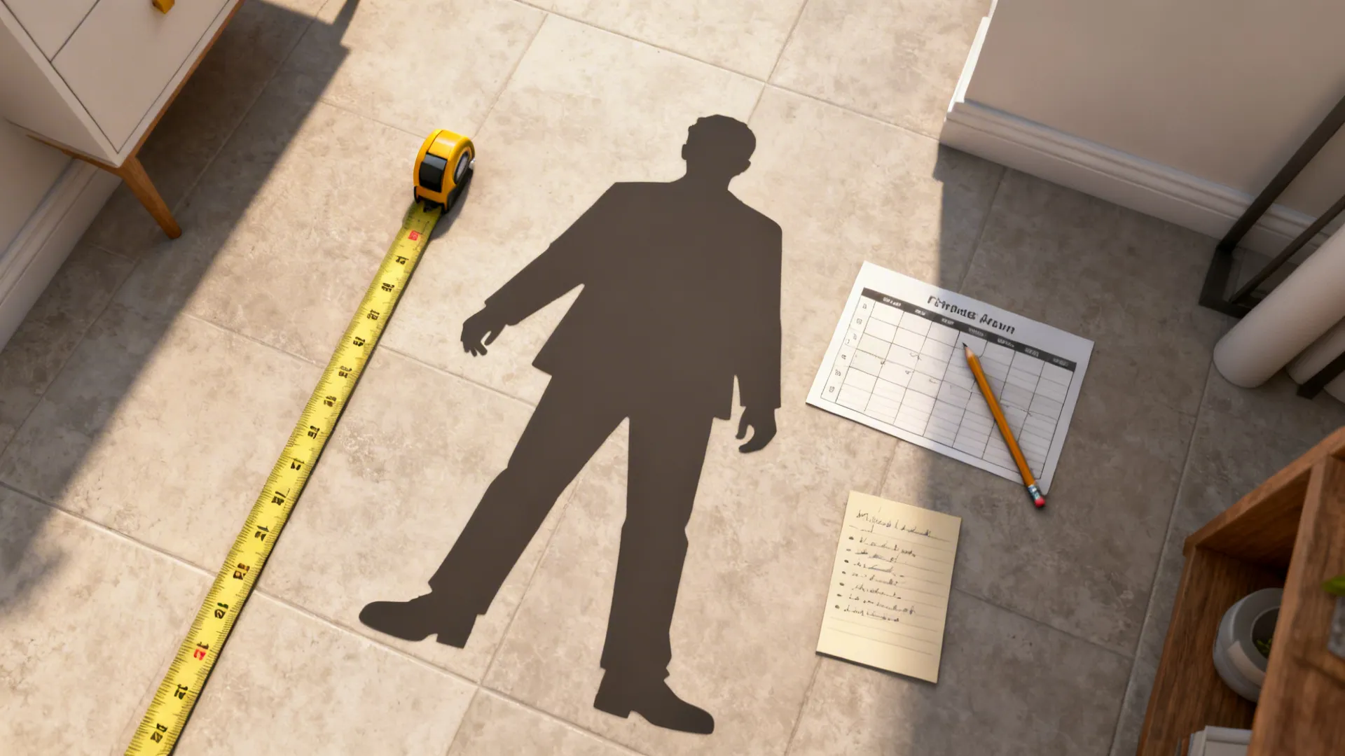 Top-down mockup of closet layout with life-size silhouettes, measuring tape and planner notes.