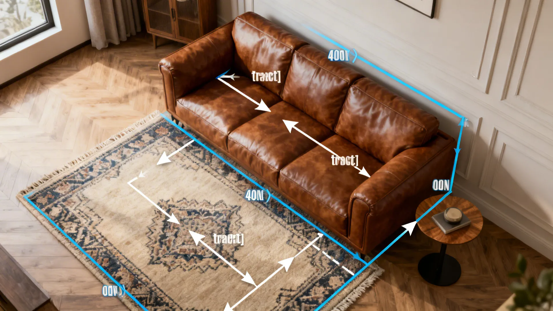 Top-down room planning mockup showing sofa placement and traffic flow in a small living room.