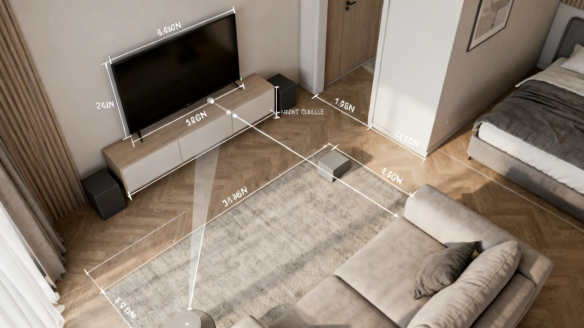 Top-down 3D floor-planner mockup showing TV placement and sightlines in a small apartment