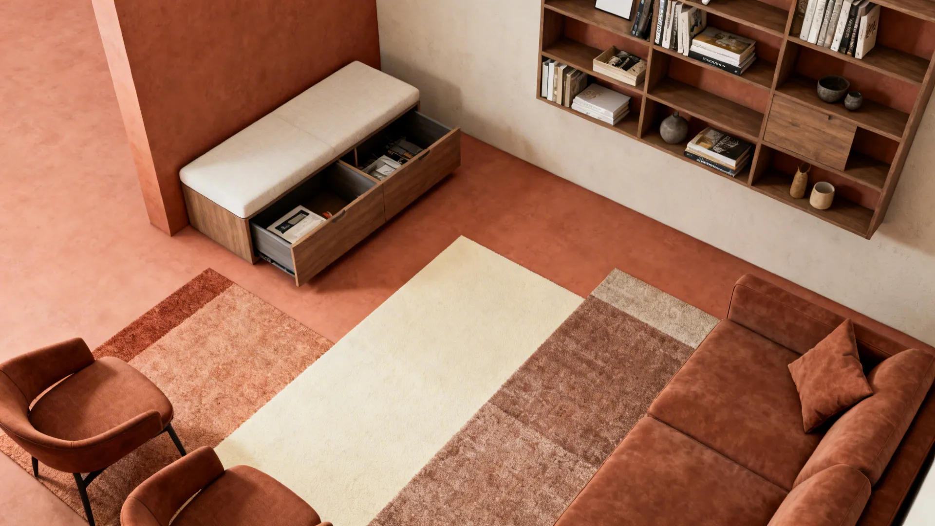 Top-down 3D mockup of a small living room with multifunctional furniture and layered rugs