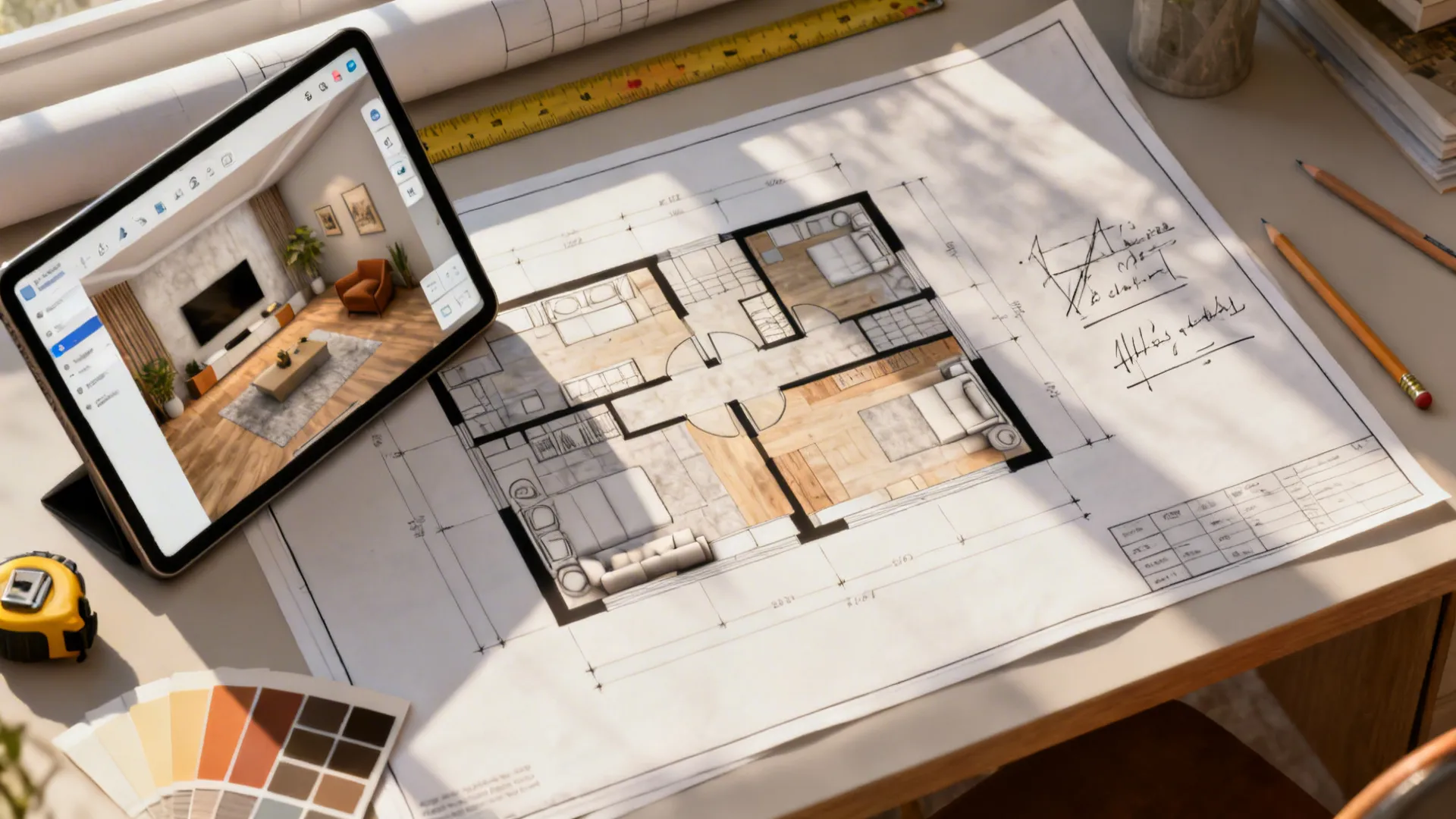 Top-down view of a desk with a 3D floor planner on a tablet, sketches and material swatches.