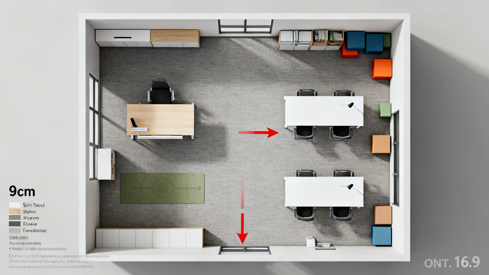 Top down office room layout showing white desks black chairs wooden cabinets and red arrows