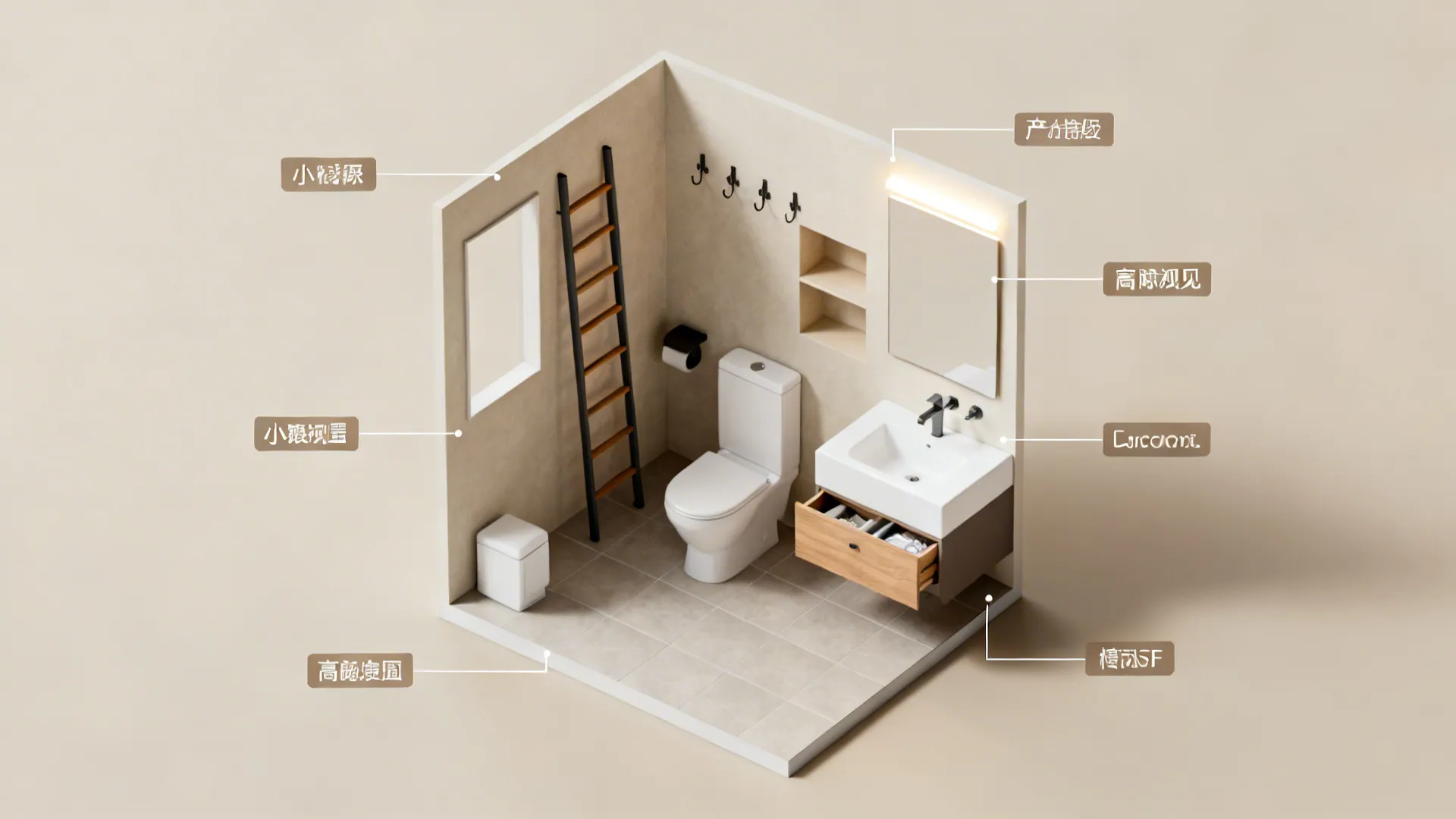 Top-down mockup of a tiny bathroom showing suggested towel storage placements.