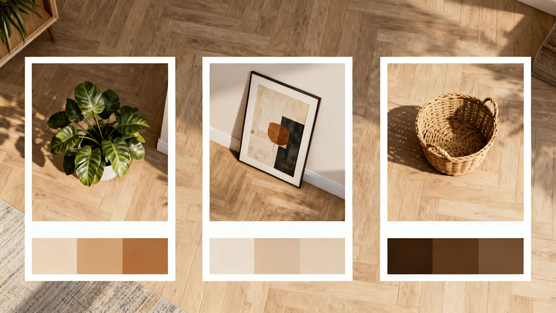 Three white photo cards on wood floor showing green plant abstract art and woven basket