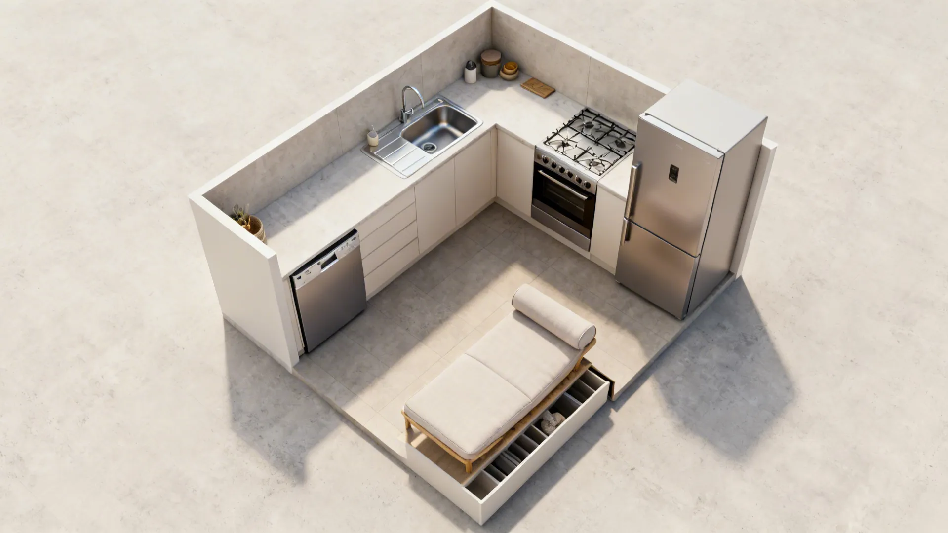 Top-down mockup of a compact L-shaped kitchen showing optimized work triangle and appliance placements.
