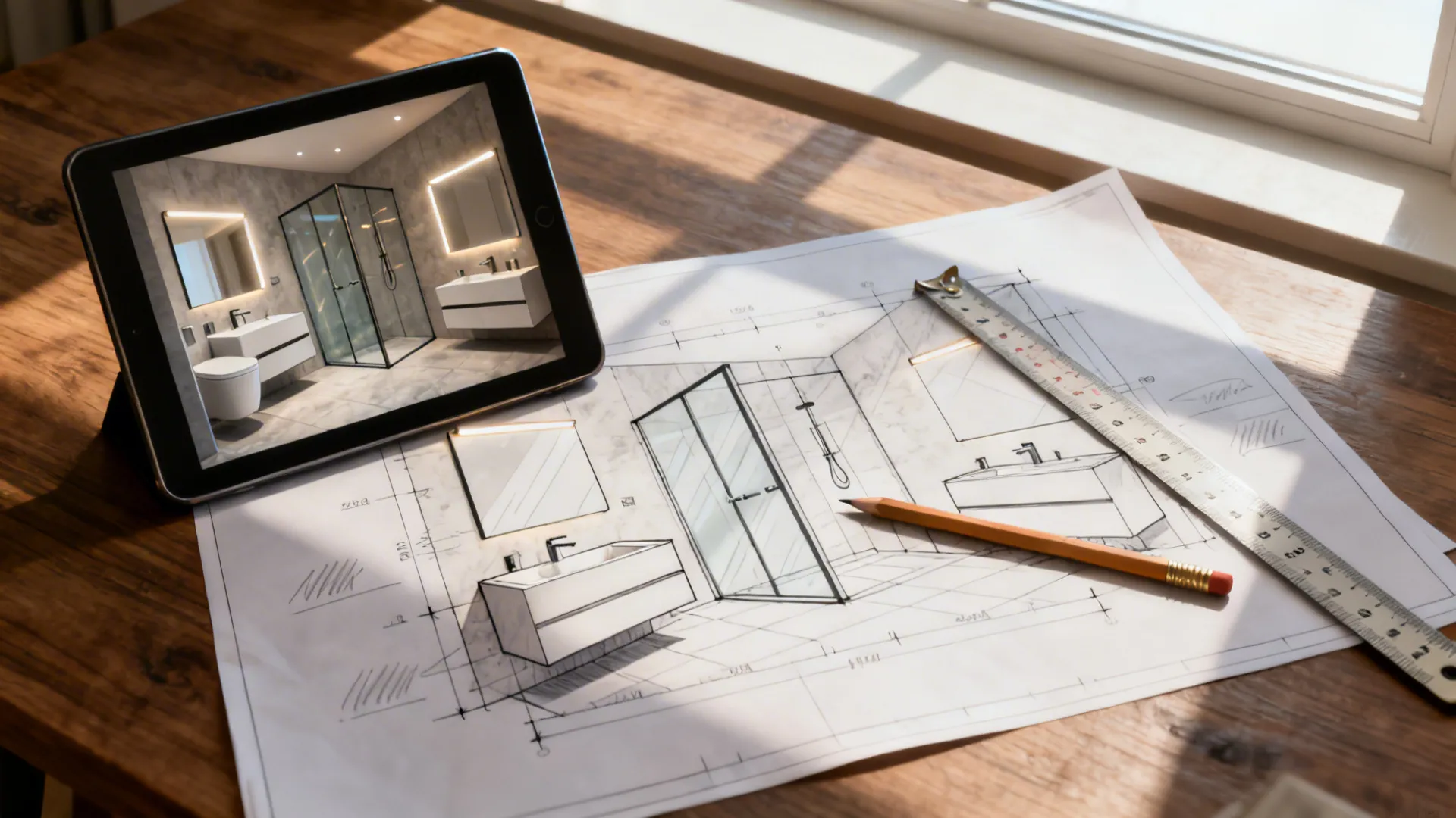 Top-down view of a bathroom layout mockup on a tablet with printed plans and measuring tools.