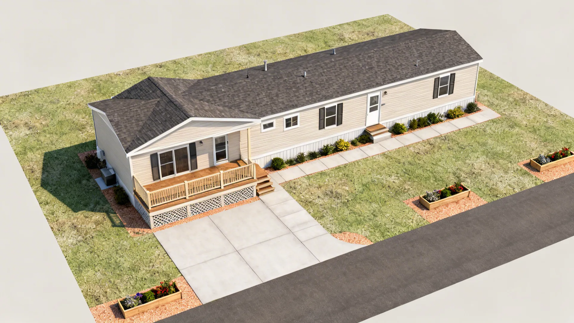 Top-down mockup sketch showing porch, pathway, and planter placement options for a single wide.
