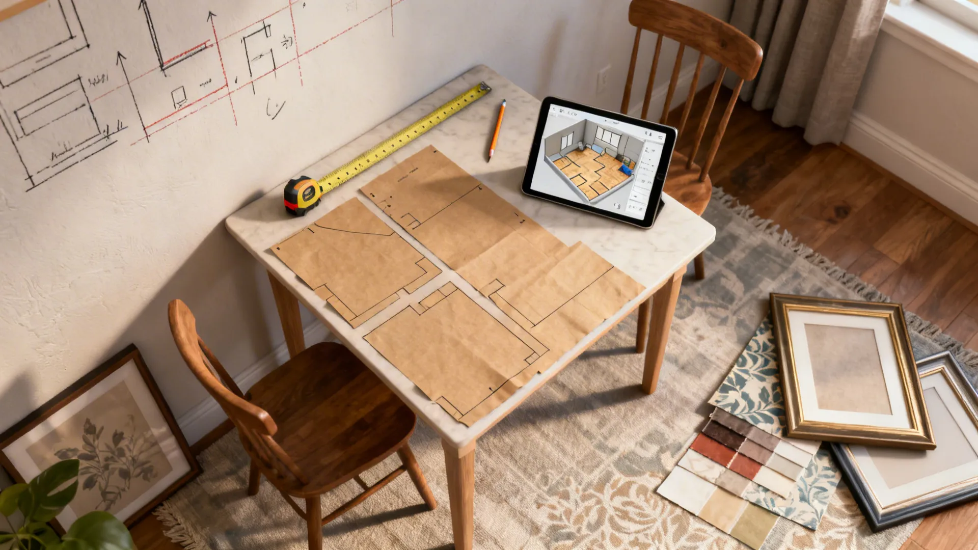 Top-down layout mockup with kraft paper templates, measuring tape and wallpaper swatches for dining wall planning.