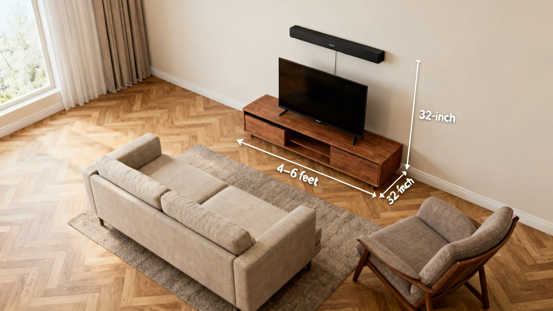 Top-down layout mockup showing ideal seating distances and TV placement for a 32-inch screen
