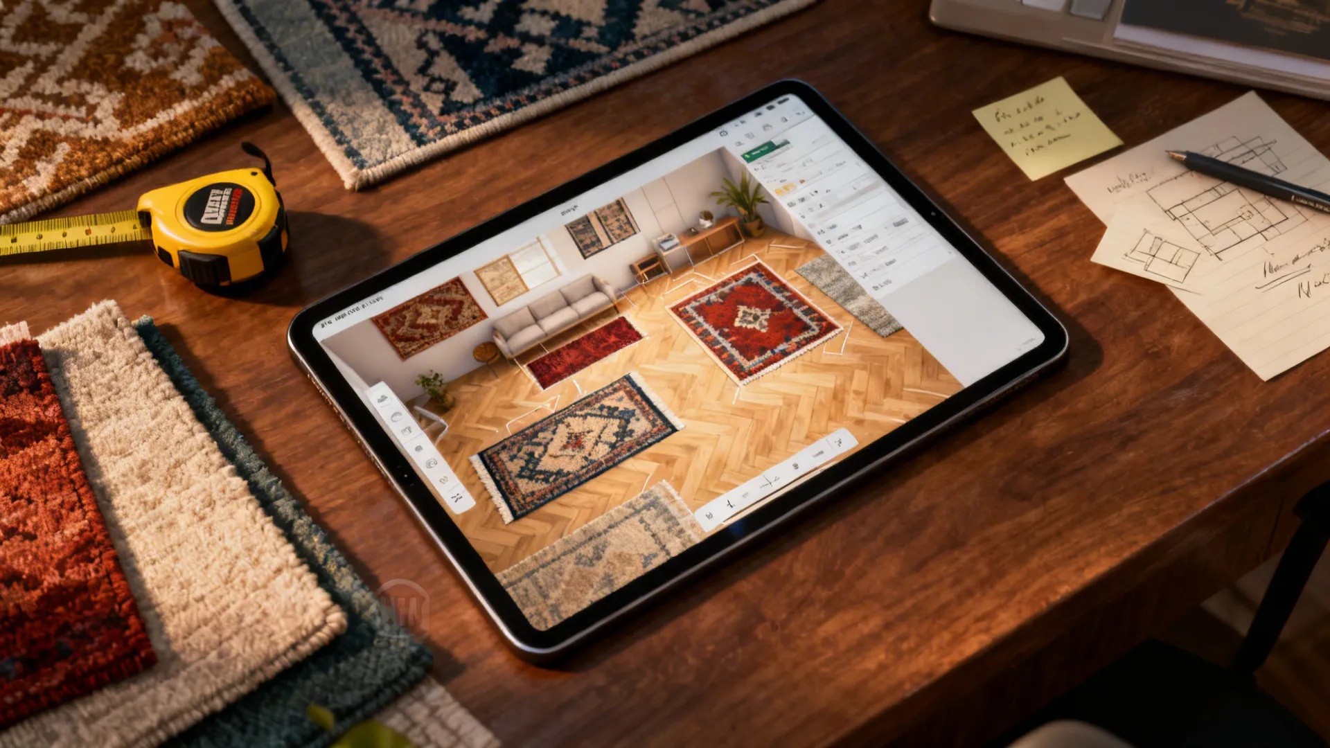 Designer desk with tablet showing a 3D floor planner and rug samples for layout testing