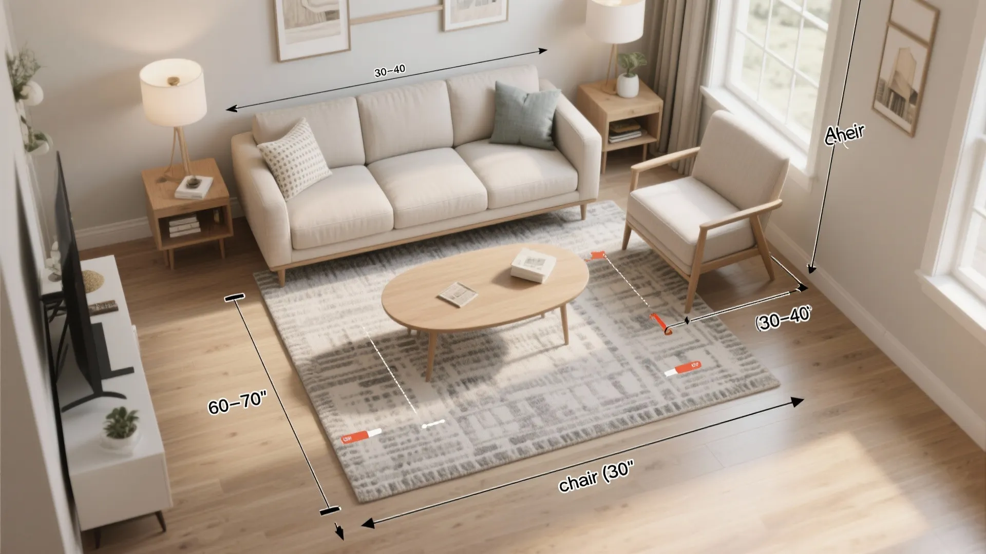 Top-down 3D layout mockup showing dimensions and clearances for an Ashley 3-piece set