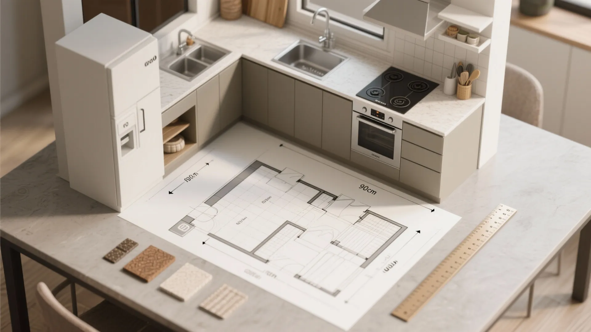 Top-down mockup comparing compact L-shape and galley kitchen layouts with clearance annotations.