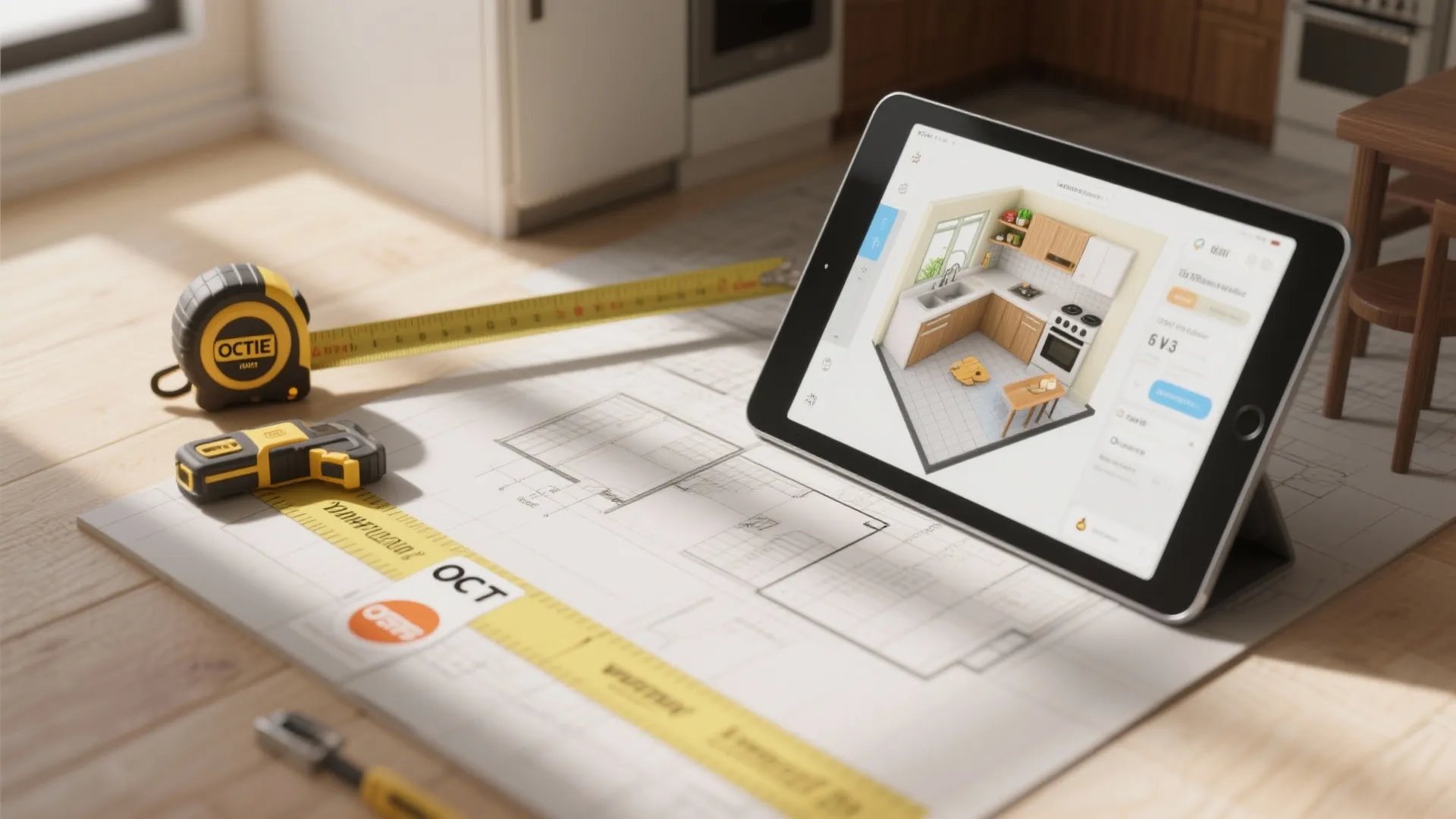 Floor-tape mockup and tablet showing a 3D floor planner for testing compact kitchen layouts.