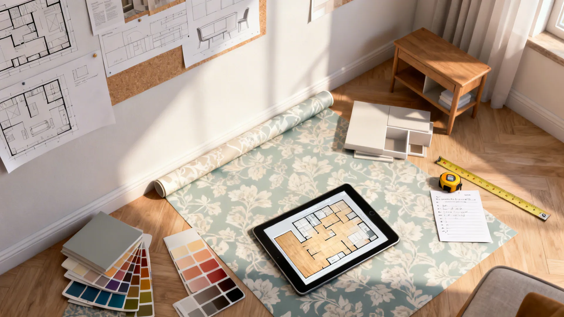 Top-down moodboard showing paper templates, furniture mockups and paint swatches for testing long wall layouts.
