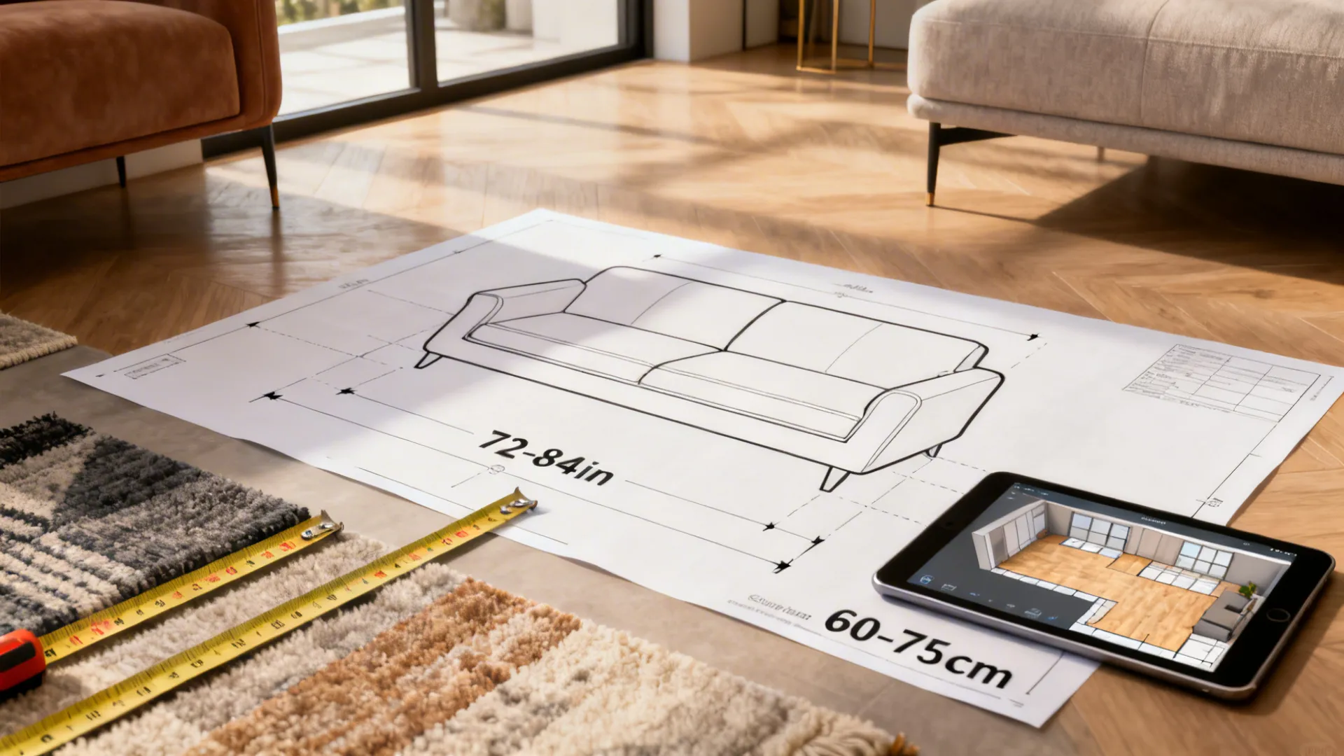 Floor layout mockup with sofa templates, measurements and a tablet showing a 3D floor planner