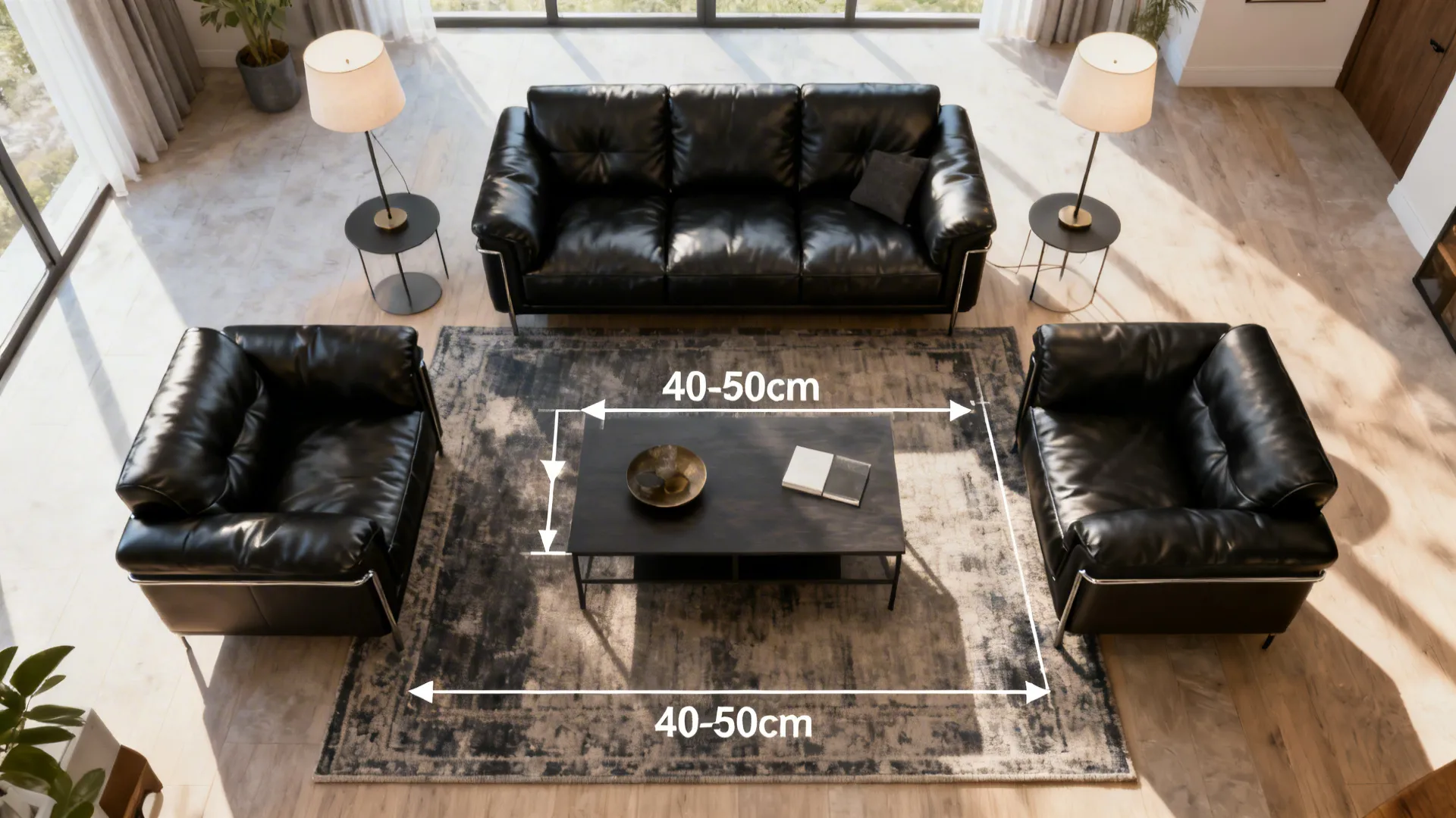 Top-down mockup showing furniture placement and spacing guidance for a black leather 3-piece set