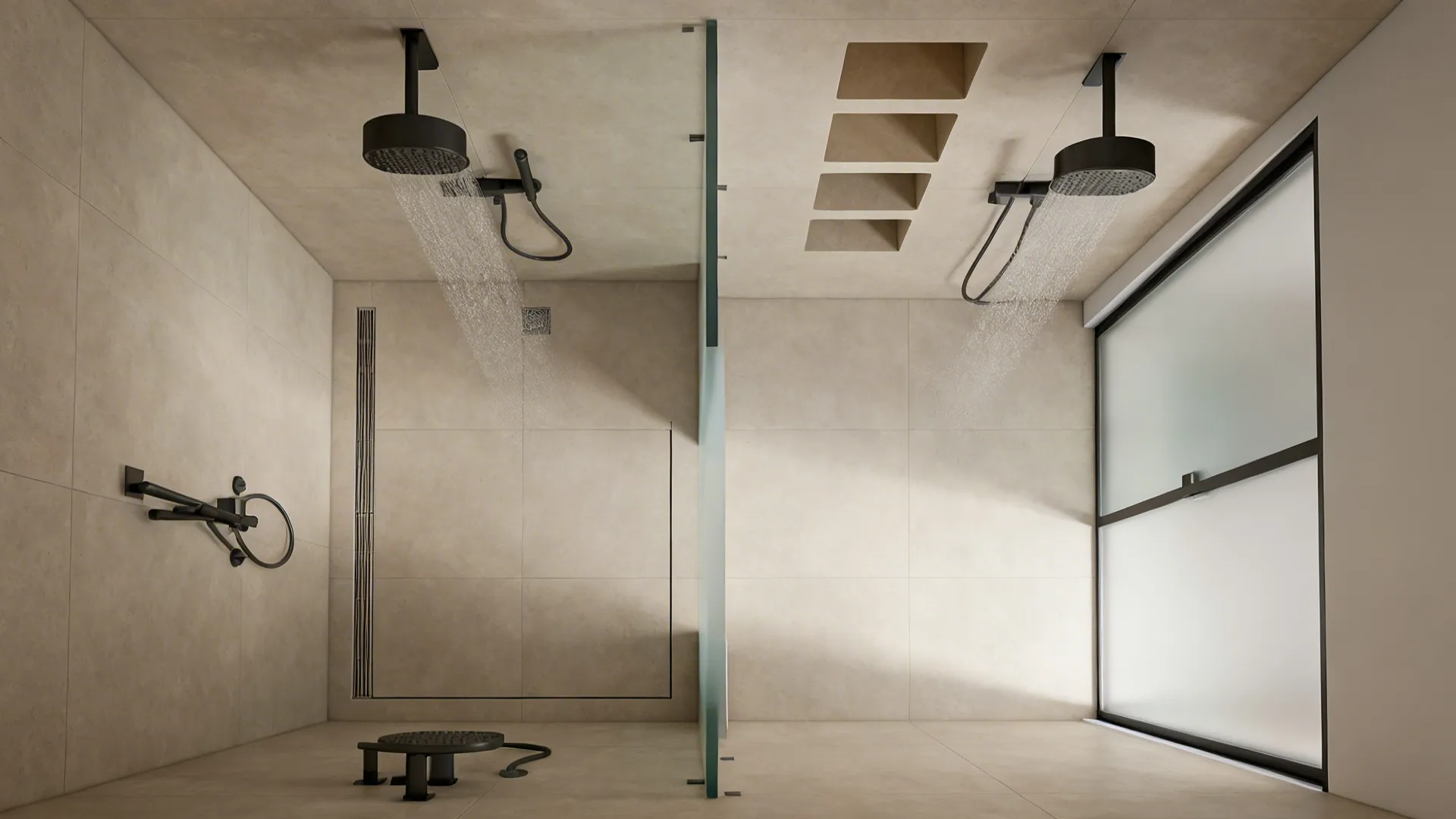 Top-down bathroom layout mockup illustrating curb-less, corner walk-in, frosted partition and sliding door options.