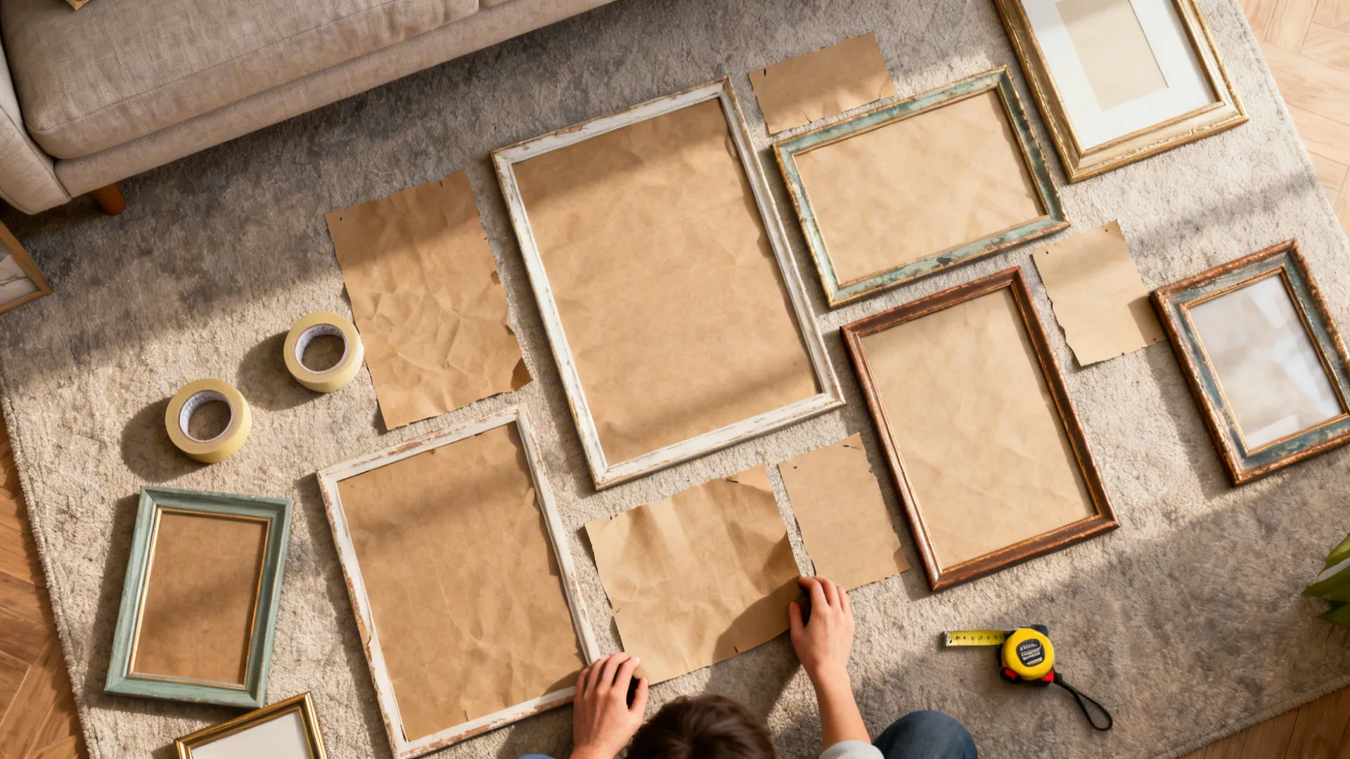 Top-down mockup with kraft paper templates and thrifted frames on the floor
