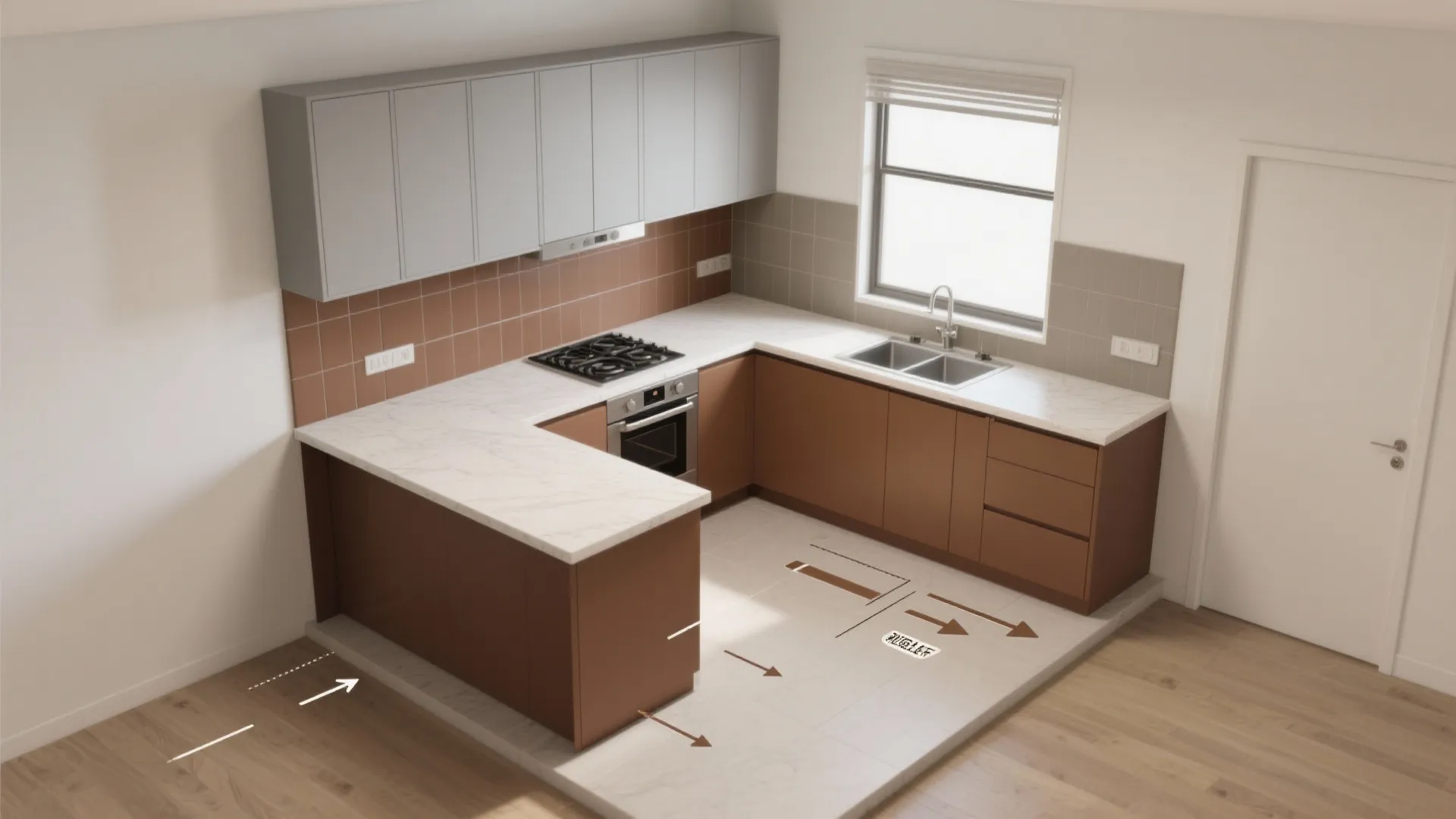 Top-down mockup of a small kitchen showing gray upper and brown lower cabinet zoning and island.