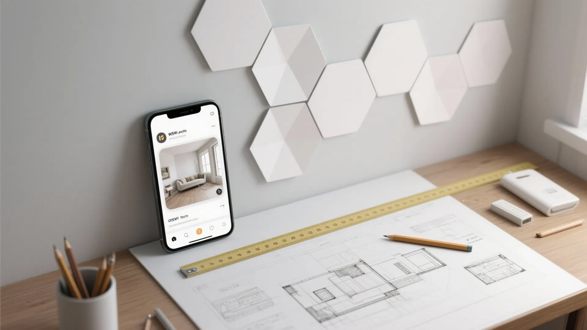 Top-down mockup with paper hexagon cutouts and a 3D room planner on a phone for layout planning