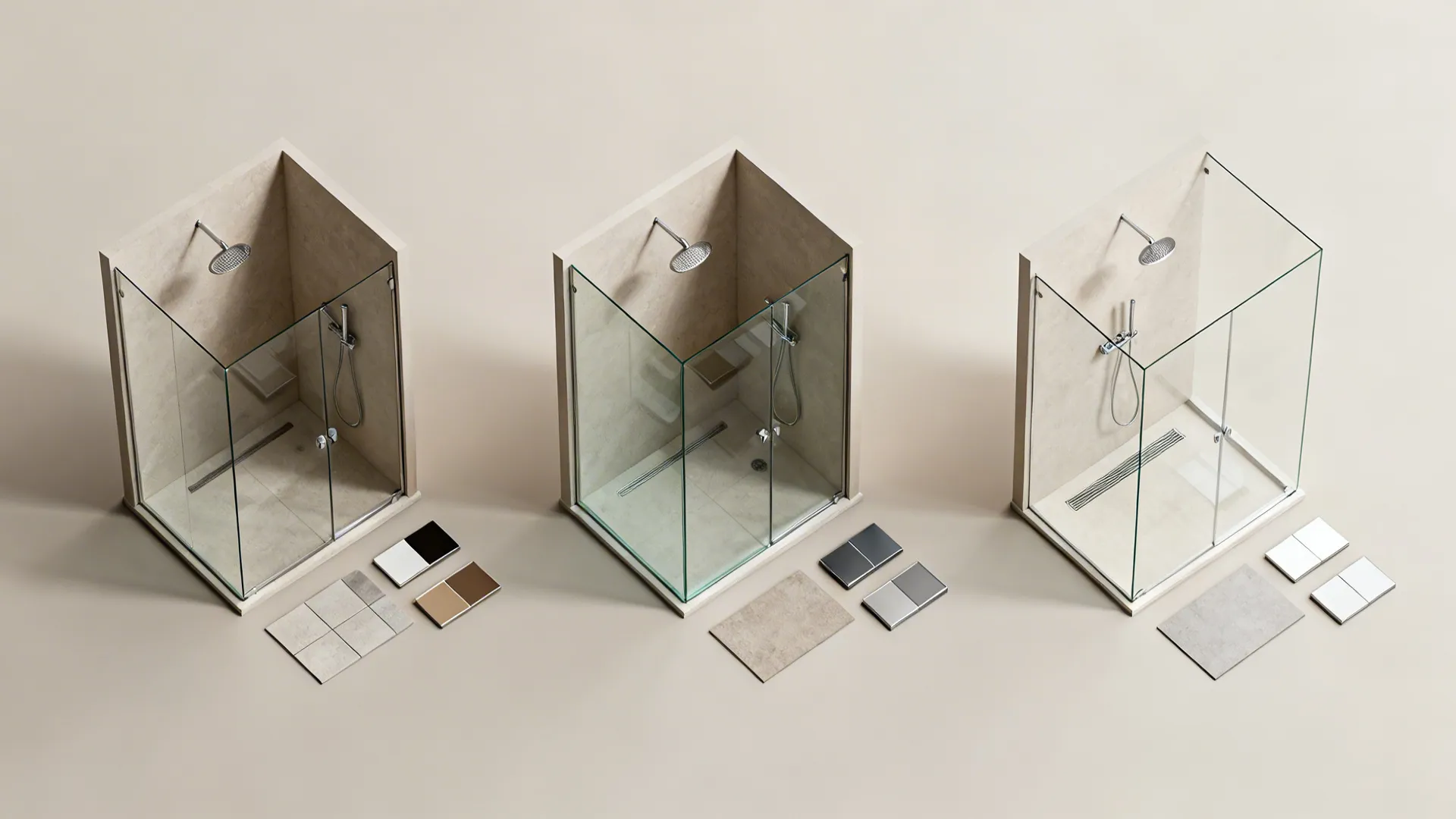 Top-down mockup of three small bathroom walk-in shower layouts with material swatches for quick comparison.