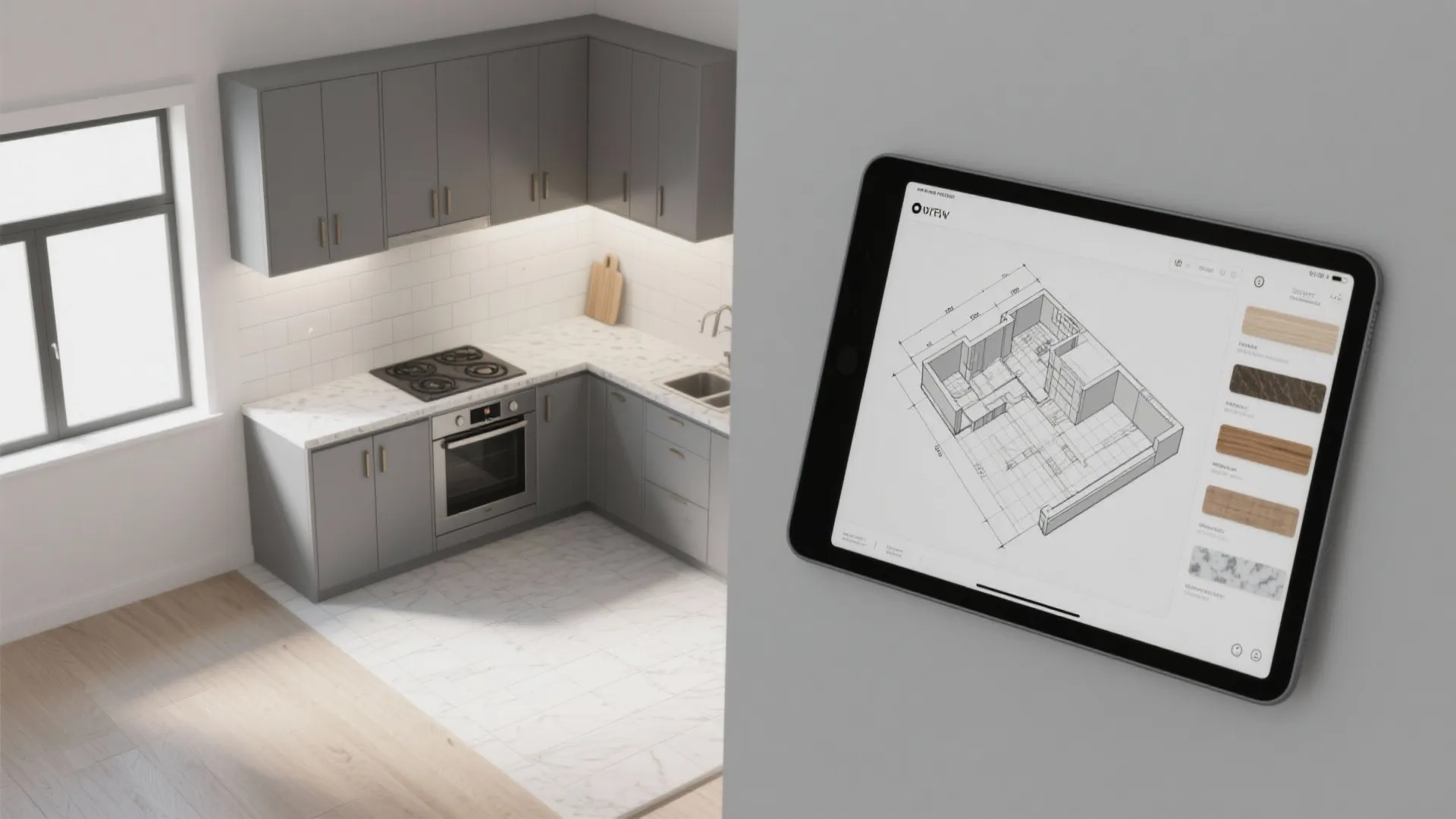 Tablet displaying interior design drawing of a kitchen next to a real grey kitchen layout view