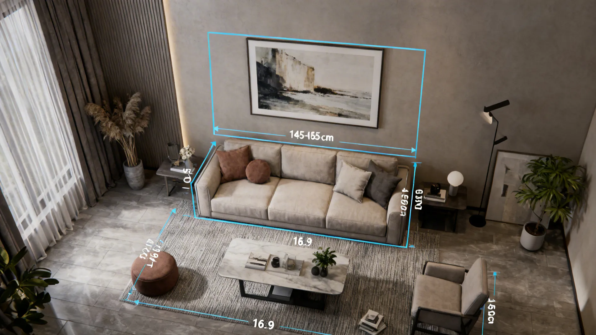 Top-down living room mockup showing measurements and art placement guidelines at eye level.