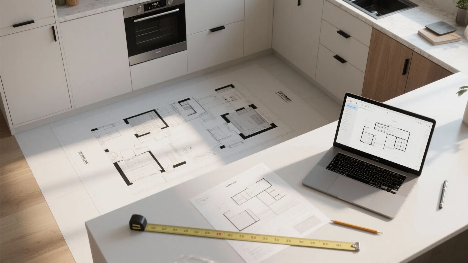 Top-down view of a kitchen layout mock-up with hardware samples and a laptop room planner.